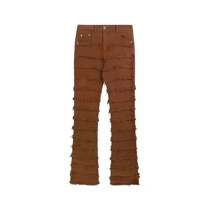 Japanese Brand Brown Striped Tassel Frayed Straight Baggy Jeans Pants Size US 32 / EU 48 - 3 Thumbnail