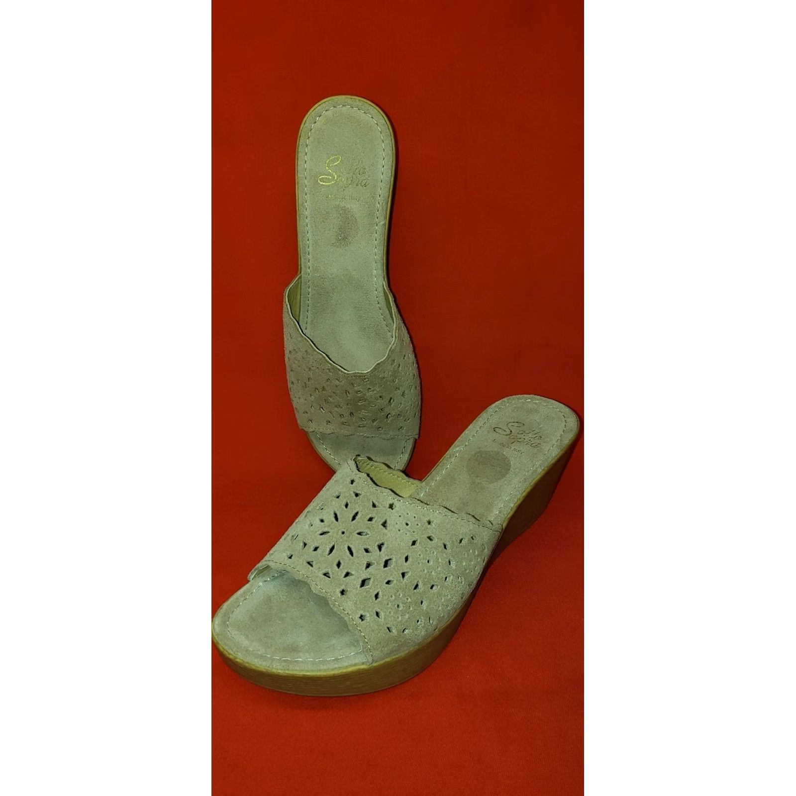 Vintage Sotto Sopra Slide Wedge Sandals Women's Beige Suede Perforated Crossover 7.5M Size US 8 / IT 38 - 2 Thumbnail