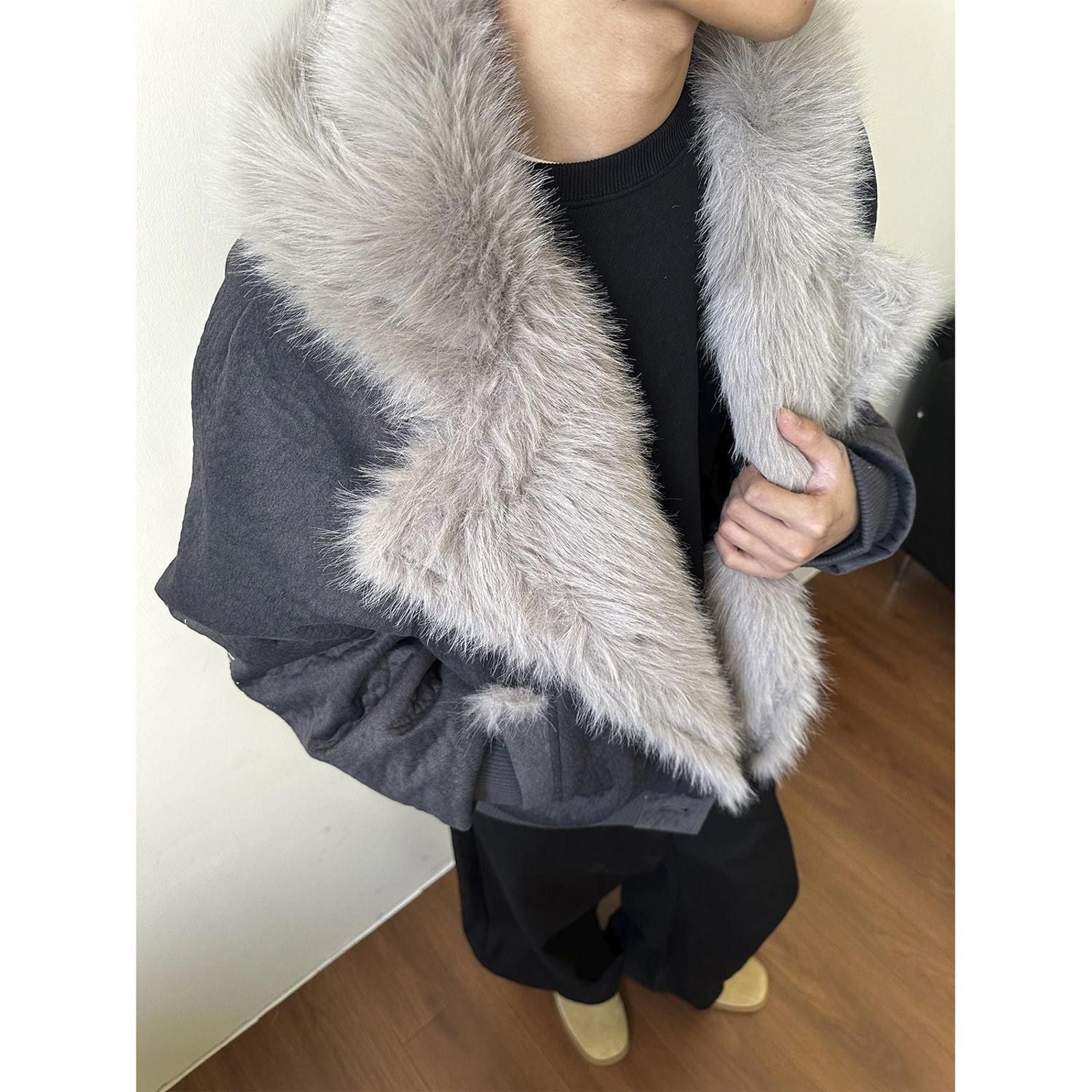 Japanese Brand Gray Faux Fur Collar Bomber Jacket, Men's Outerwear Size US M / EU 48-50 / 2 - 4 Thumbnail