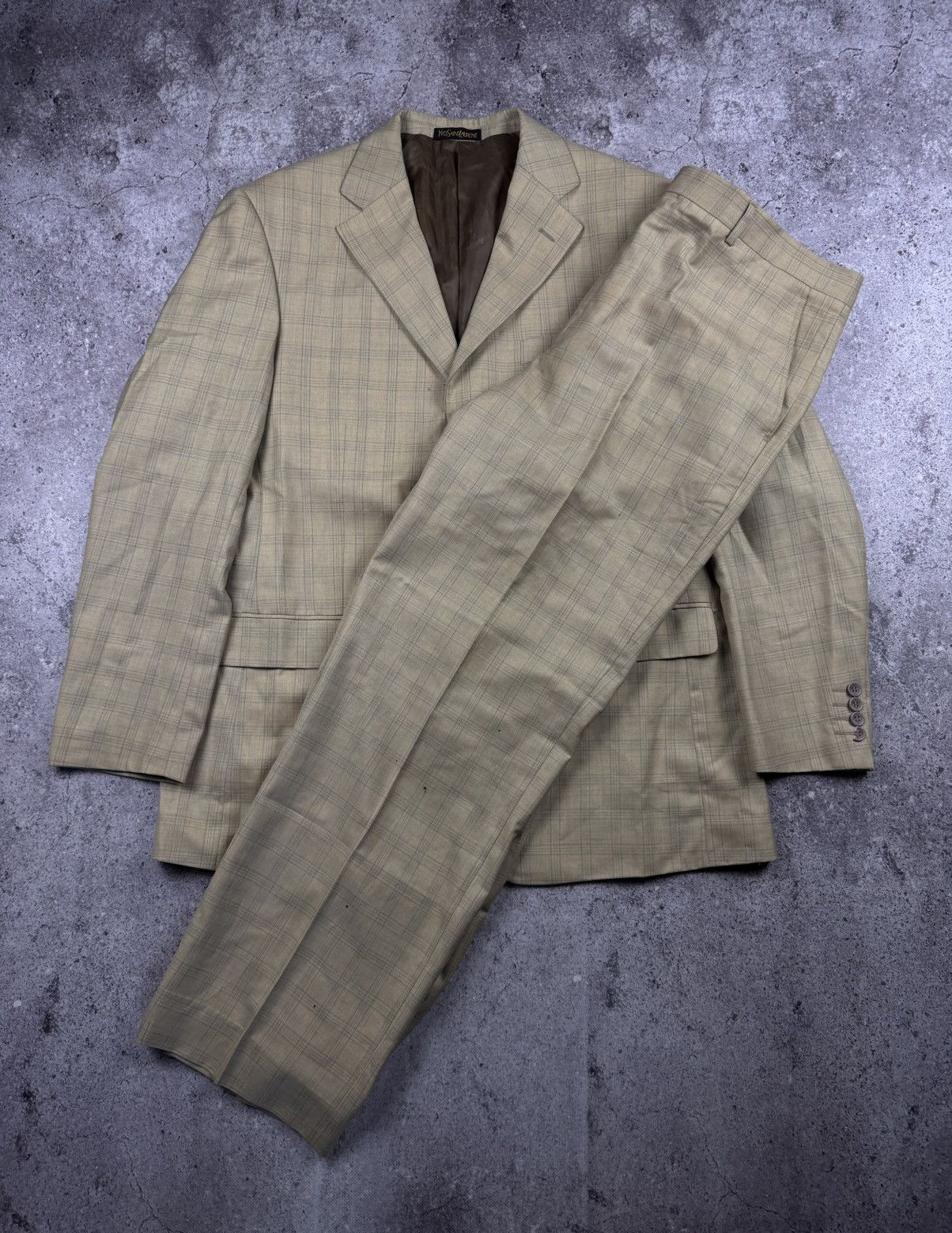 VINTAGE YVES SAINT LAURENT WOOL CHECKERED SUIT BEIGE LUXURY