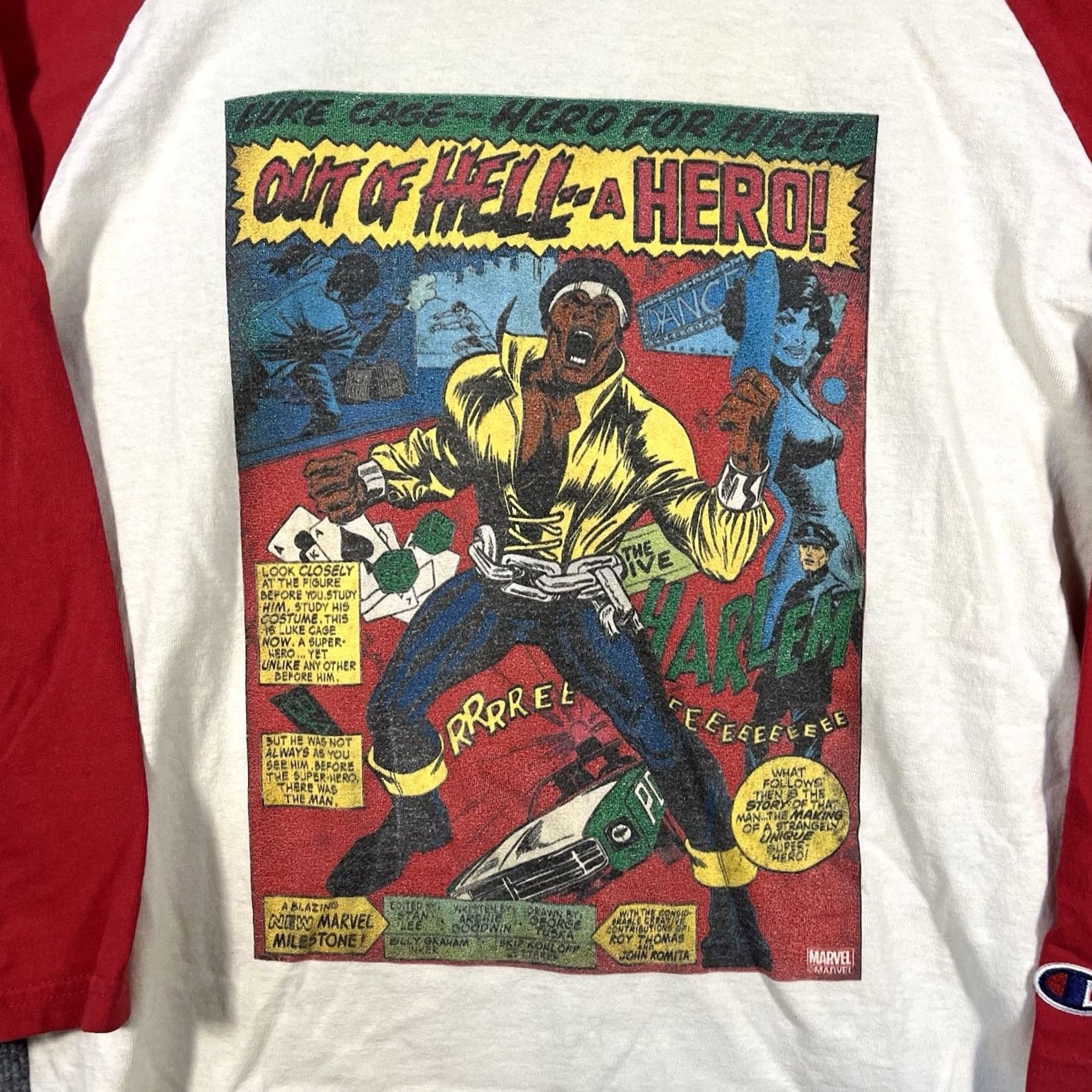 Vintage Marvel Luke Cage Hero For Hire Vintage Comic T-Shirt Mens M Raglan Red Crew Neck Graphic Tee Short Sleeve Soldier Army Hero Size US M / EU 48-50 / 2 - 2 Thumbnail
