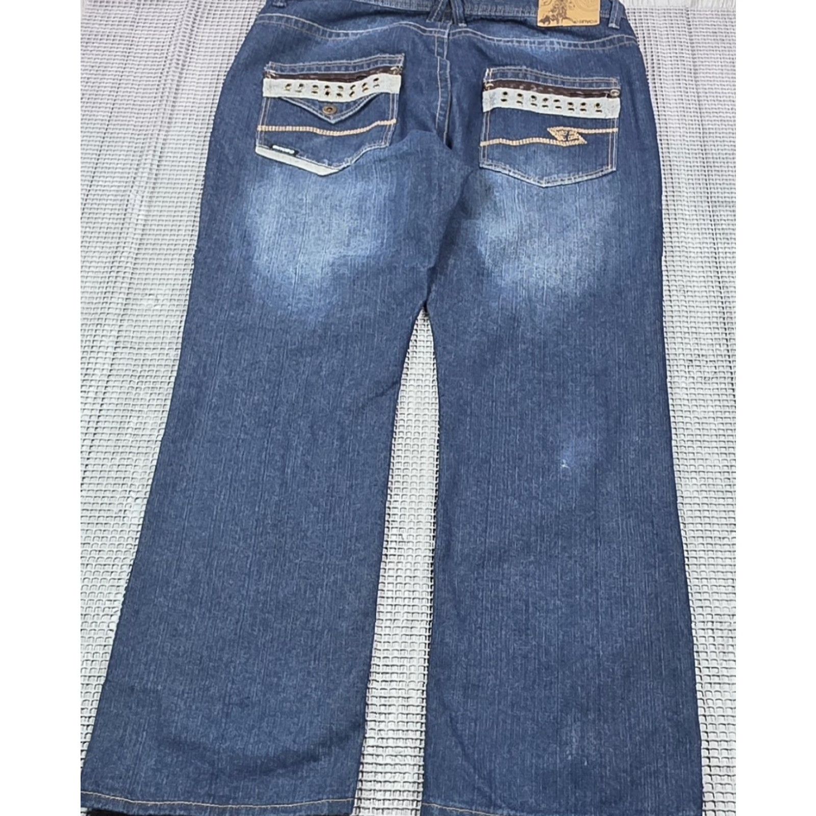Enyce VTG Enyce Jeans Wide Leg Baggy Denim Fade Mens 42x34 Embroidered Leather Pocket Jeans 42 Blue Wide-Leg Hip Hop 90s Mens Size US 42 / EU 58 - 4 Thumbnail