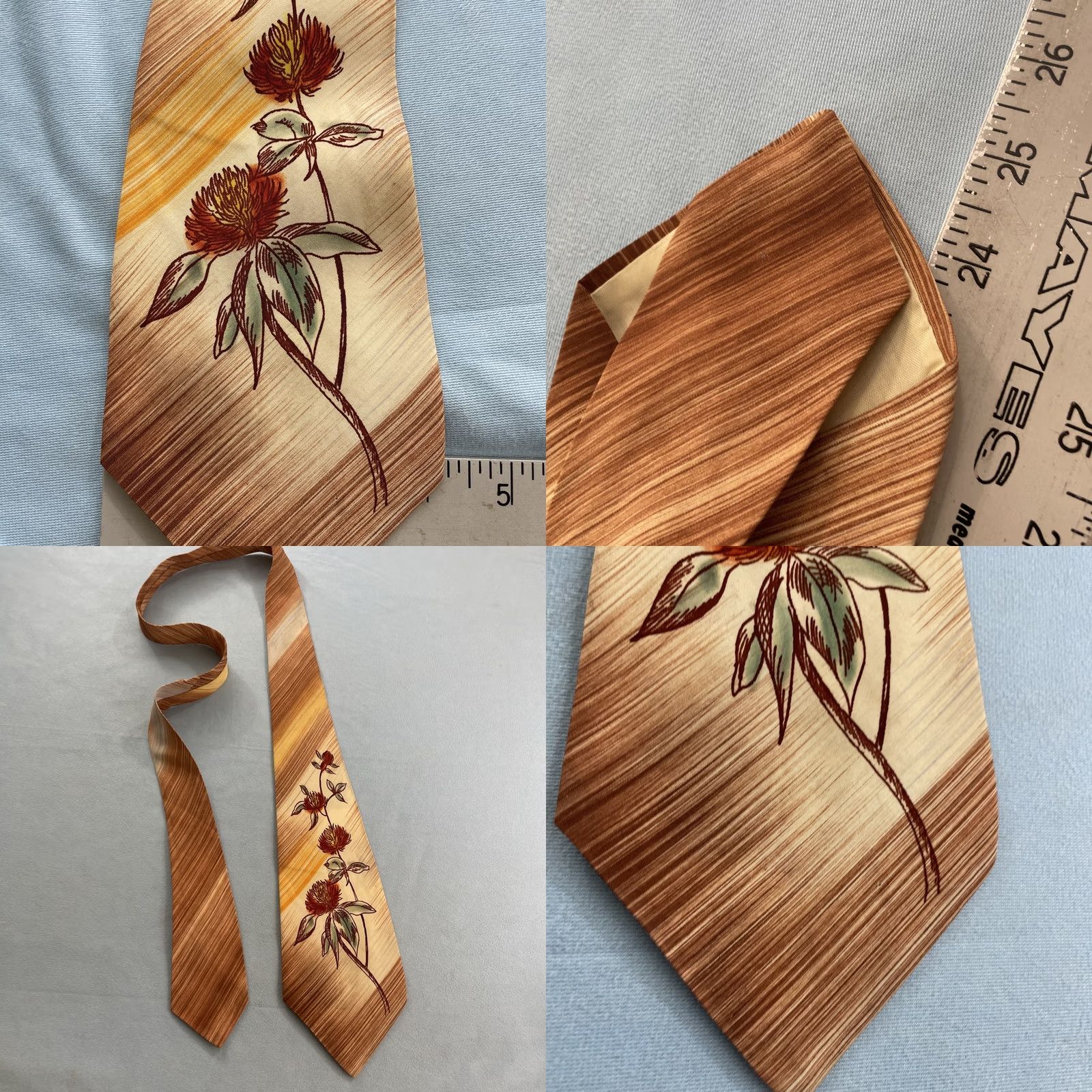 MCM Vtg Towncraft Delux Tie Floral Striped MCM Deco 4.2x51 Brown USA Hand Painted Neckwear Men’s One Size 101 Size ONE SIZE - 9 Thumbnail