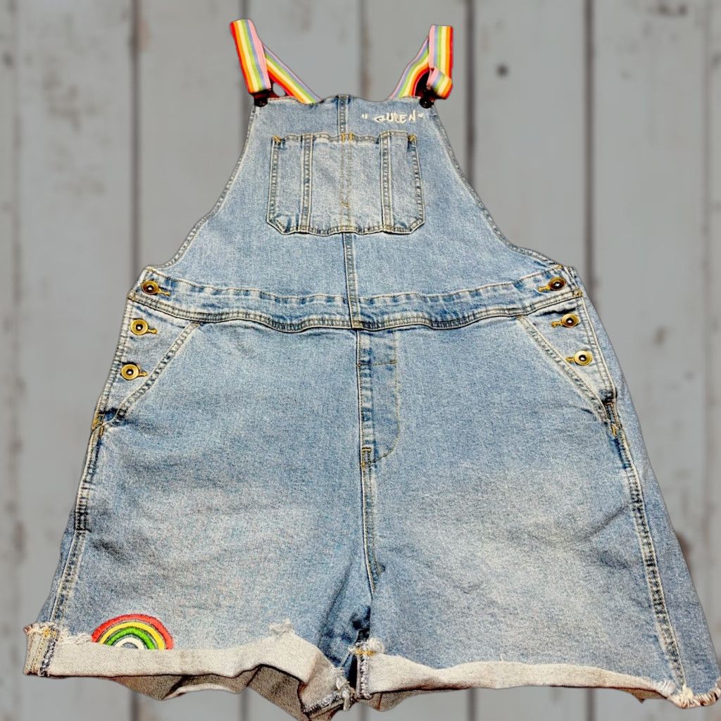 Vintage PRIDE Rainbow Blue Shortall Large Denim Shorts Bib Overalls Rainbow Straps Size 40" / US 18 - 1 Thumbnail
