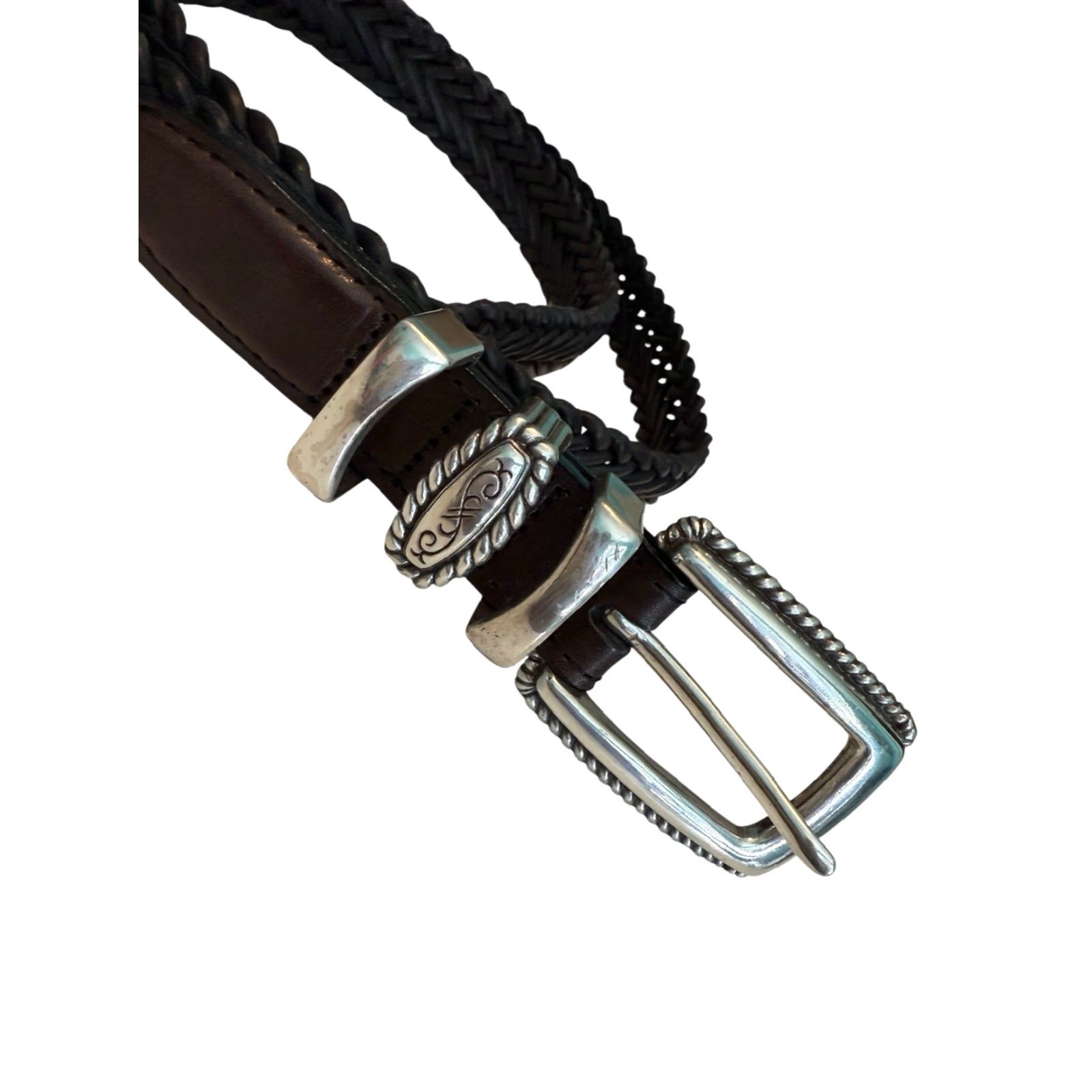 Brighton VINTAGE Brighton Black Leather Woven Belt Women’s Size 30 (M) EUC Q2003 Buckle Adjustable 1” Wide Mens Womens Girls Boys Size ONE SIZE - 3 Thumbnail