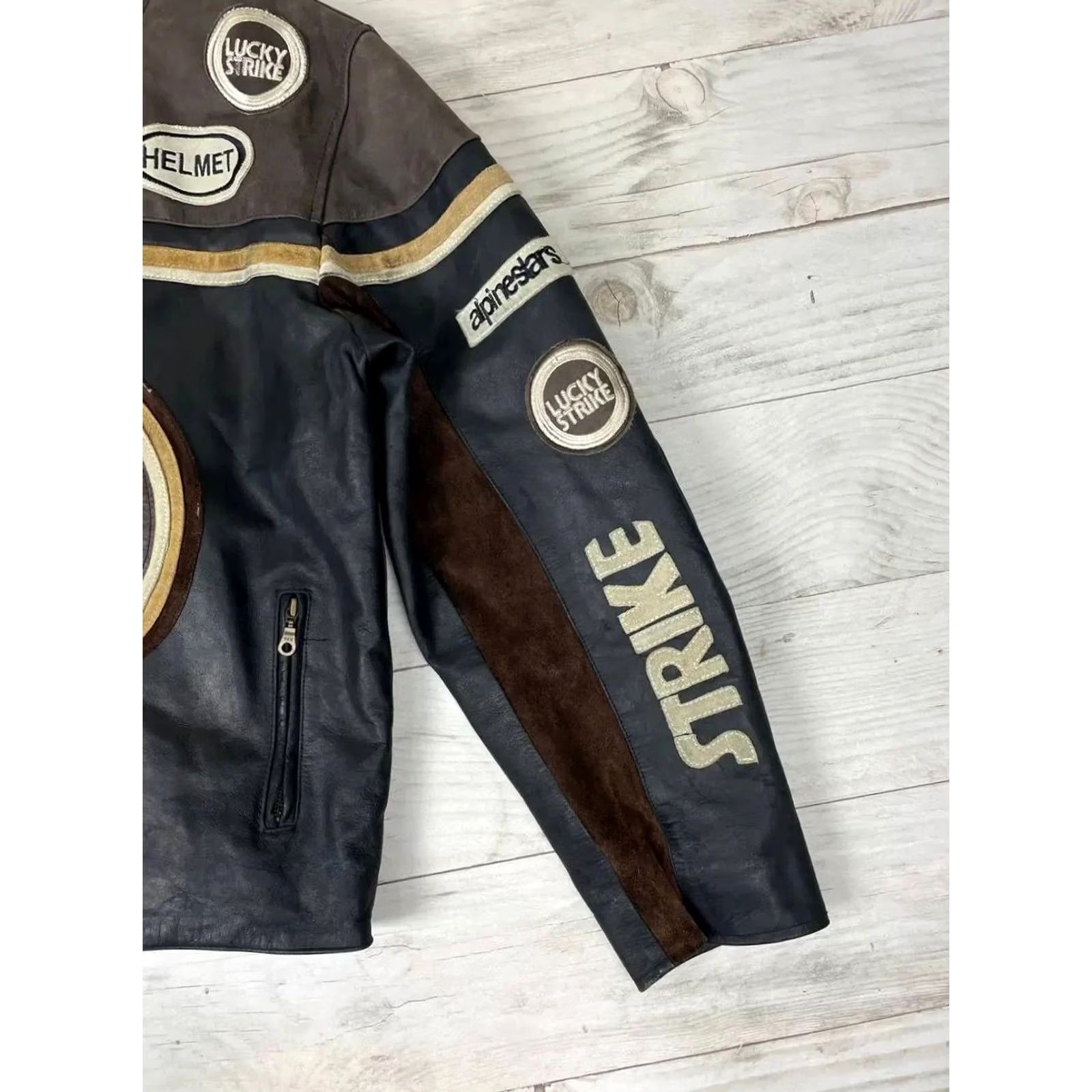 Lucky Brand VINTAGE Lucky Strike 90s Racing Leather Jacket Men XL Black Brown Motorcycle Racing F1 90s Size US XL / EU 56 / 4 - 7 Thumbnail