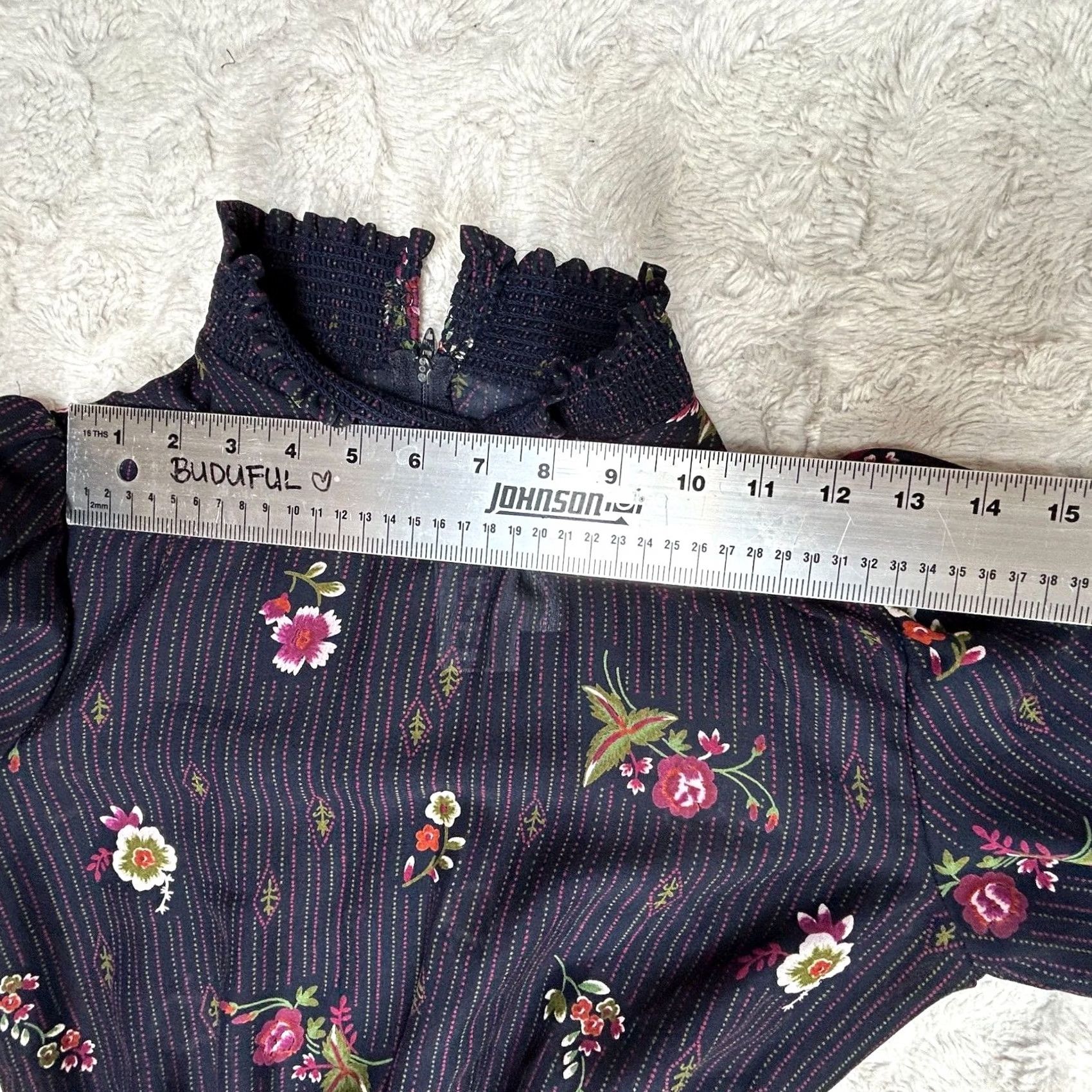 Vintage LF Petite Vintage Union Made Floral Print Mock Neck Ruffle Dress Size 6 Navy Dress Size 3XL / US 20-22 - 4 Thumbnail