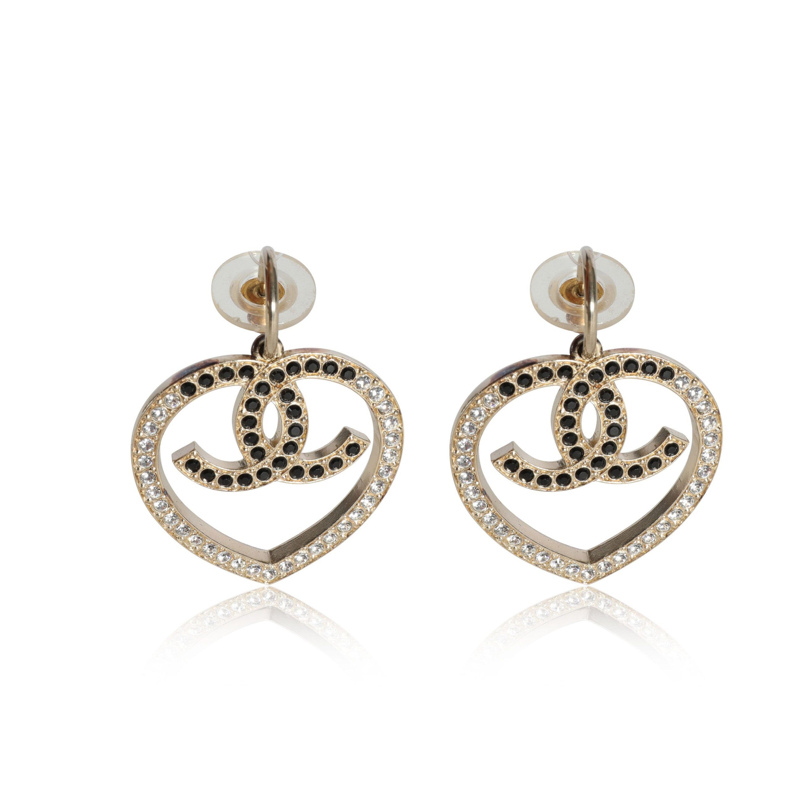 image of Chanel Strass Crystal Heart Shape Drop Earrings in Gold, Women's