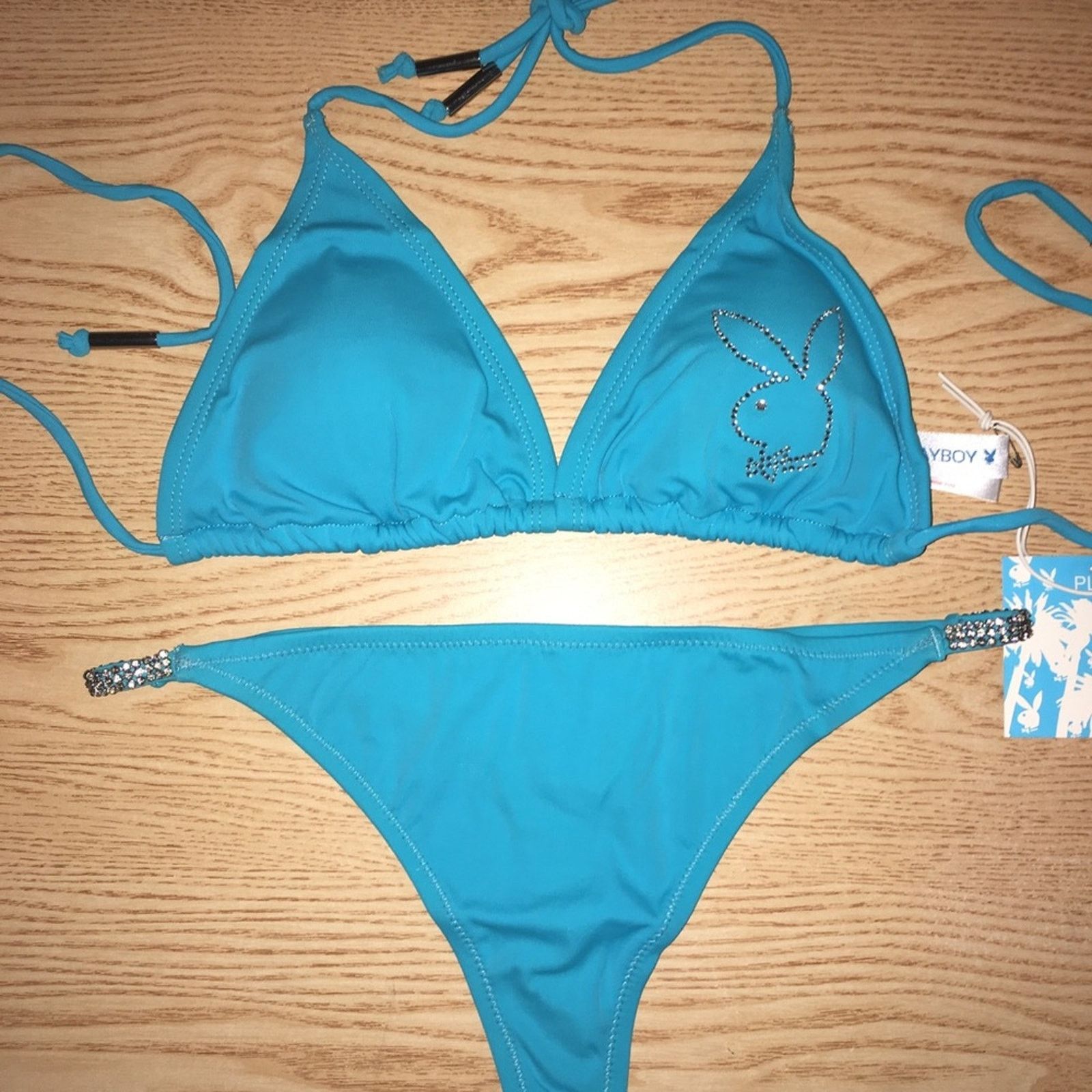 Playboy New 2pc Vintage Playboy Thong Bikini Swimsuit Diamonds XL Size ONE SIZE - 10 Thumbnail