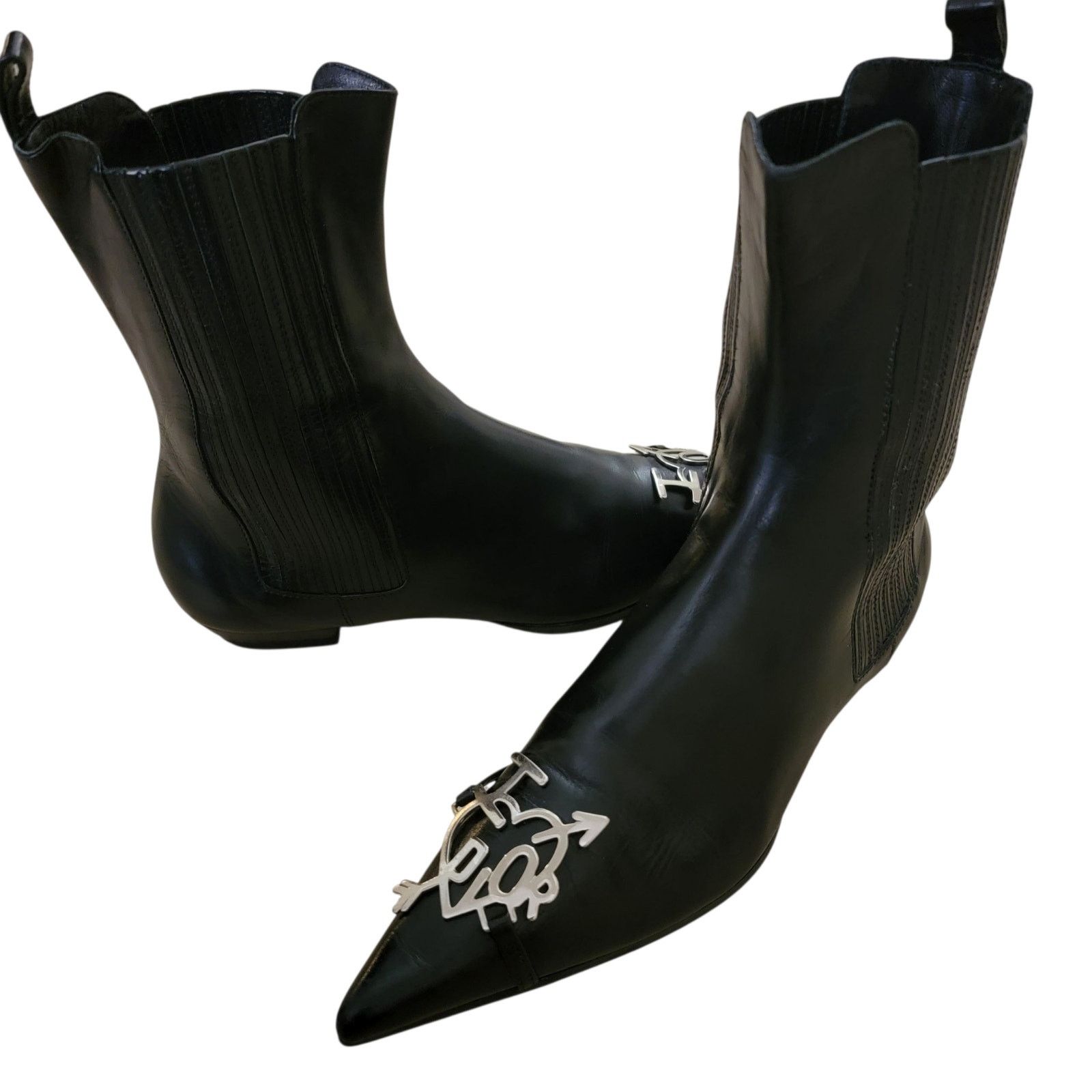 Vintage Dior Galliano Black Leather Metal Toe Boots 36