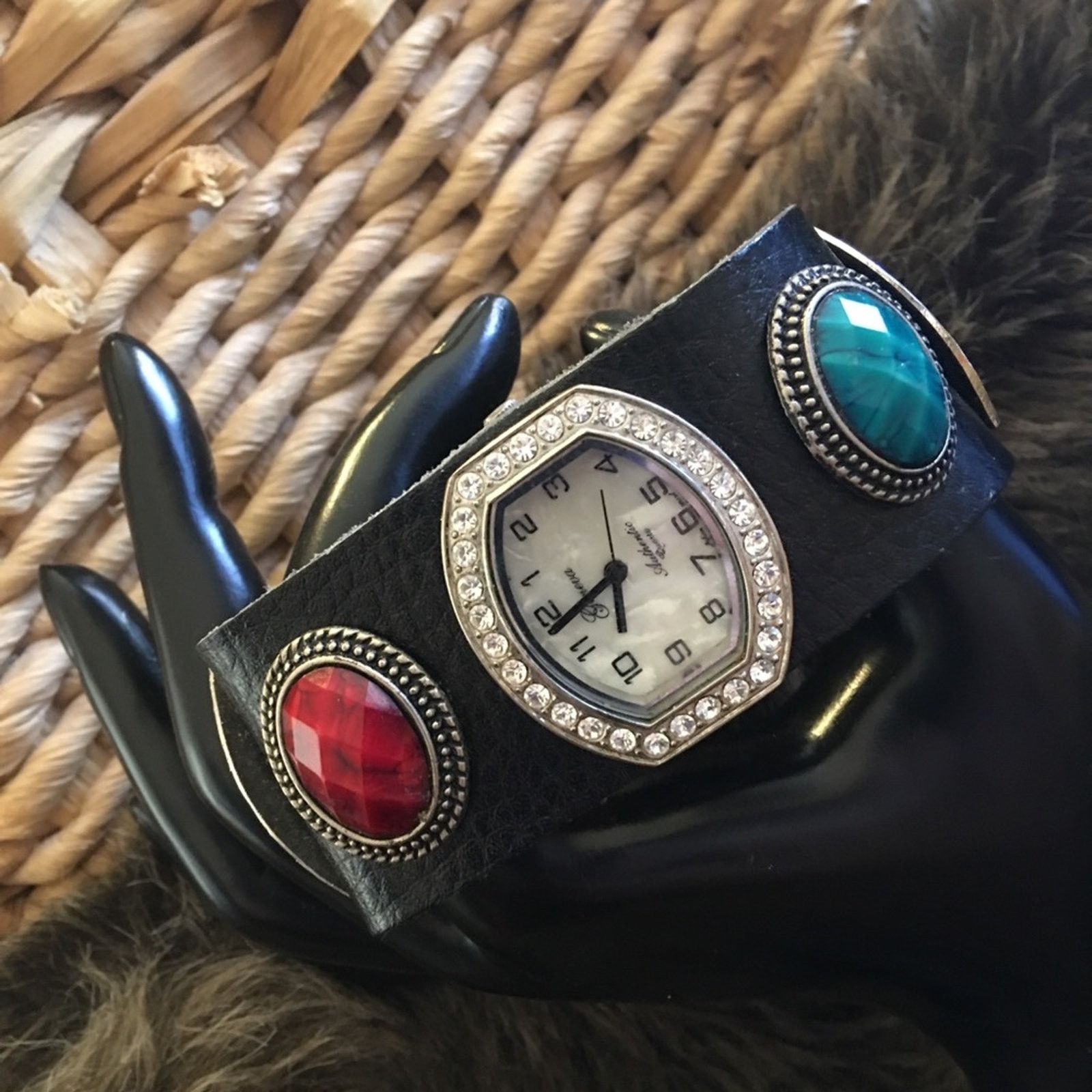 Ladies Geneva Colorful Gem Leather Band Watch in Black, Women's