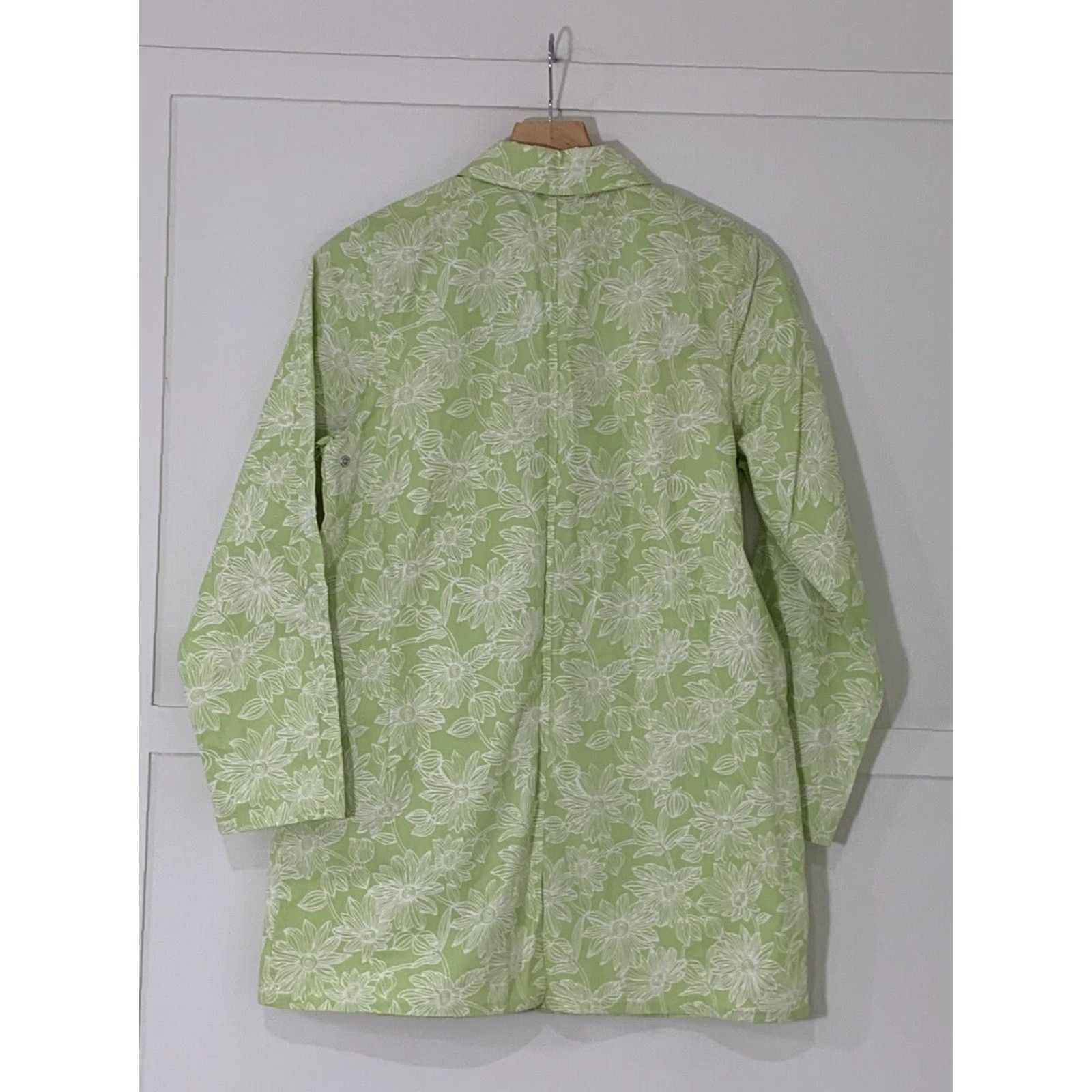 Vintage L.L. Bean Women's Short Trench Coat Sz Small Spring Cotton Lime Green Floral Pattern Casual Jacket Size 28" / US 6 / IT 42 - 2 Thumbnail