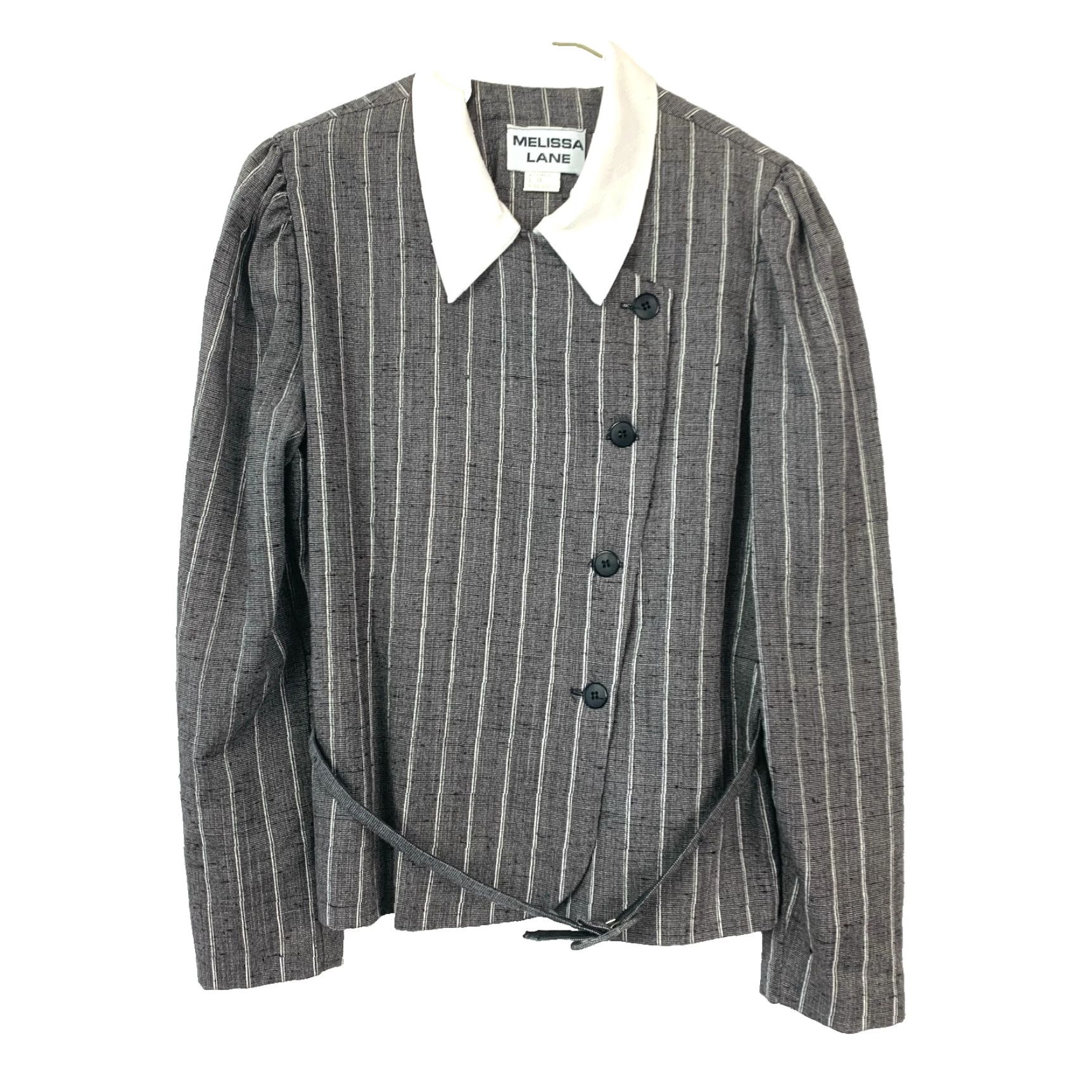 Melissa VINTAGE Melissa Lane Gray White Pinstripe Blazer Skirt Suit 12 Women Knit Polyester Blend Belted Four-Button Set Includes Jacket Skirt Accessories Size 34" / US 12 / IT 48 - 6 Thumbnail