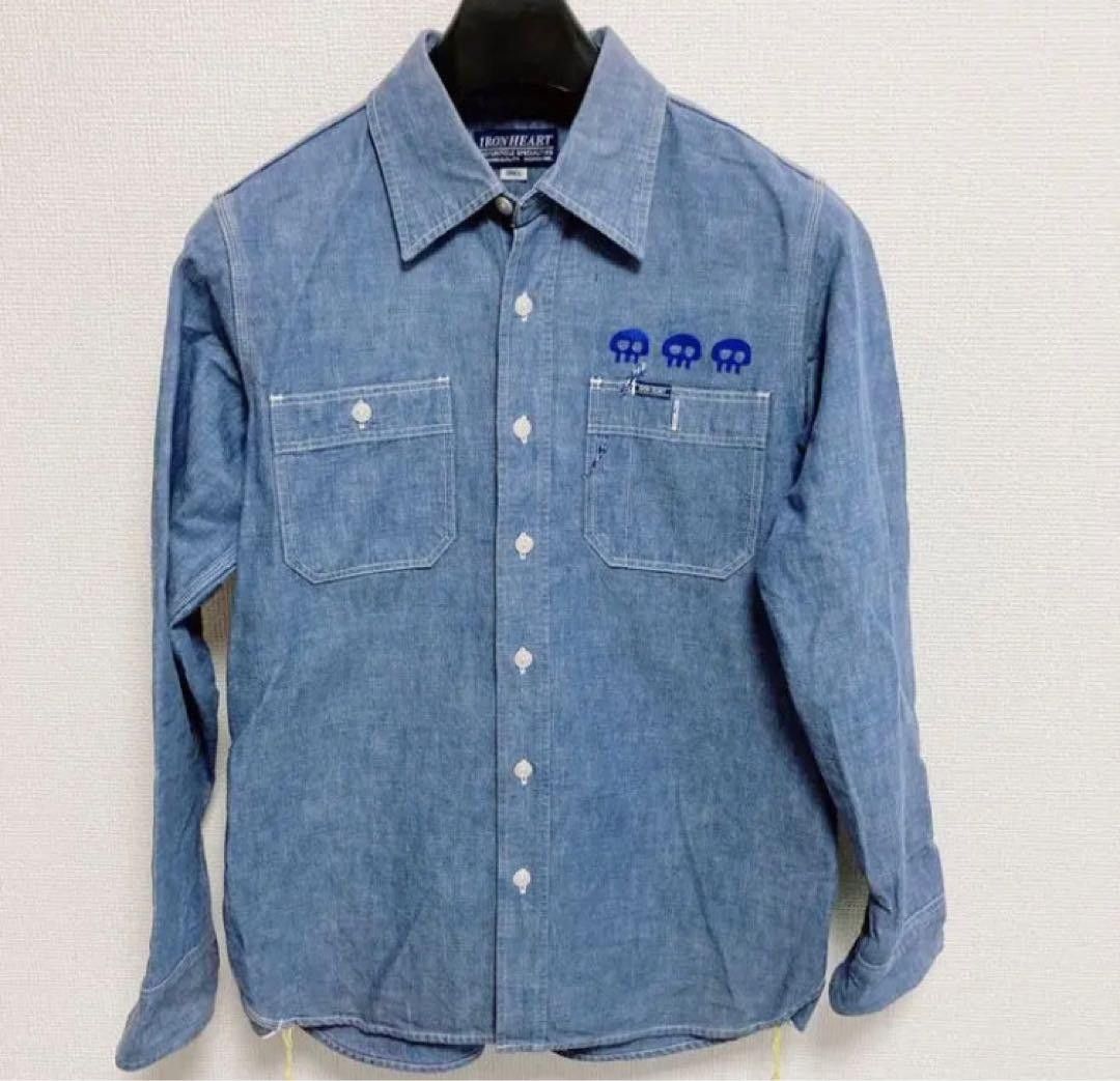 IRON HEART Button Up Long Sleeve Denim Shirt Blue S