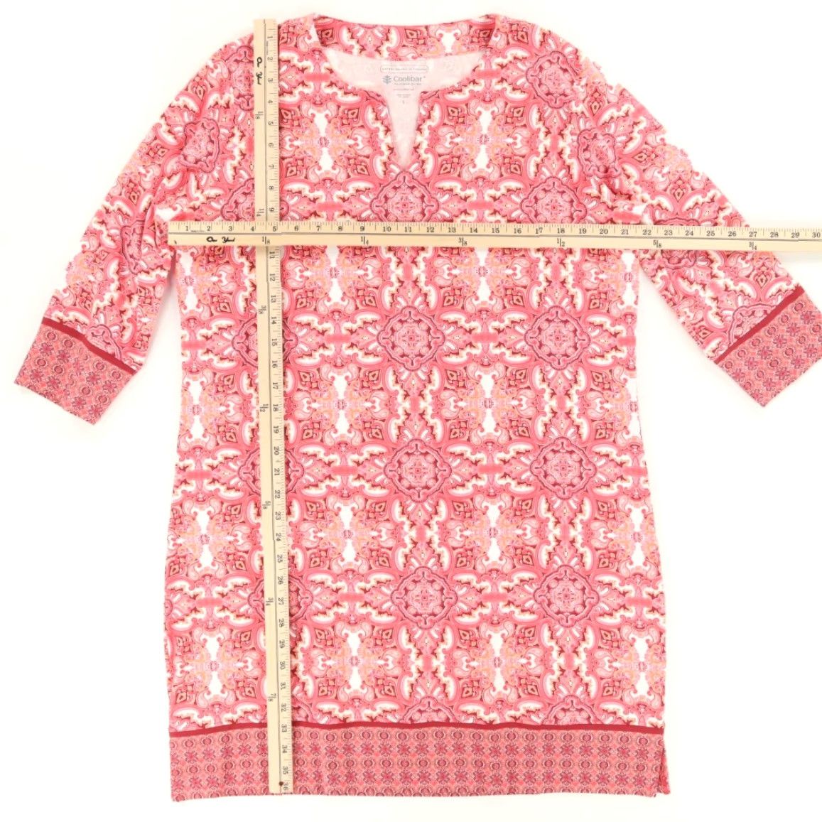 Vintage Coolibar Dress Women's L Red Patterned Tunic Stretch V-Neck 3/4 Sleeve Size L / US 10 / IT 46 - 3 Thumbnail