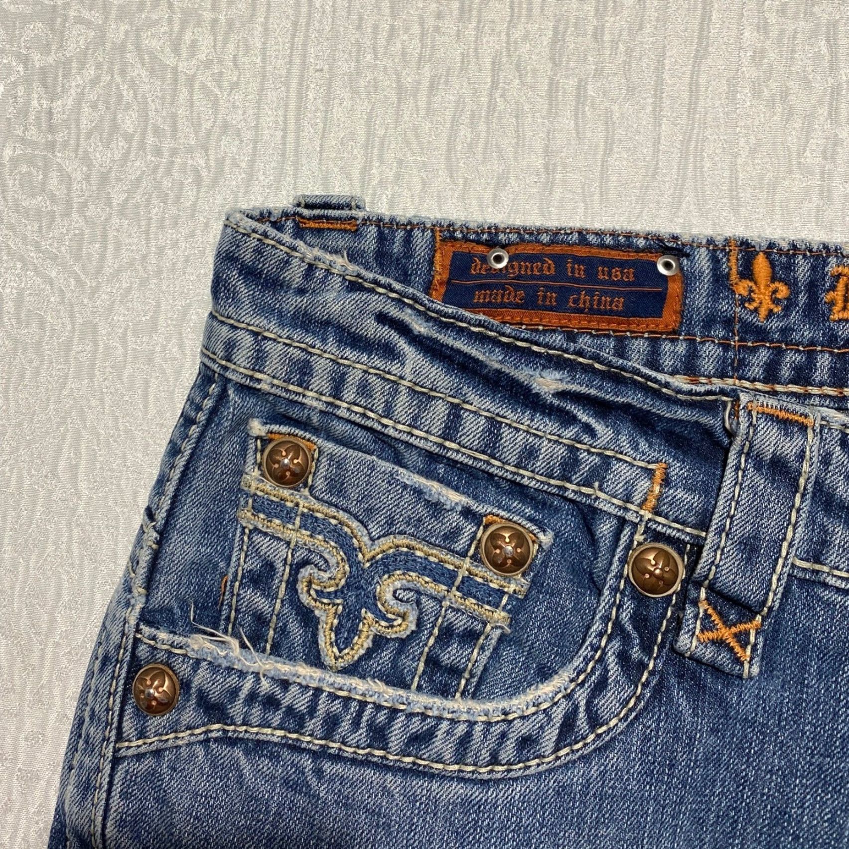 Vintage Rock Revival Jeans Mens 36x30 Distressed Embroidered Denim Cropped Raw Hem Paul Straight Straight Jeans Mens Blue 5-Pocket Design Logo Size US 36 / EU 52 - 5 Thumbnail