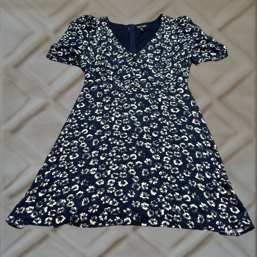 AQUA Aqua Bloomingdale's A-Line Floral Dress Womens Large Navy Blue Puff Sleeve Size L / US 10 / IT 46 - 1 Thumbnail