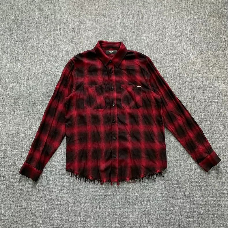 Amiri Amiri Red Destroyed Fringe Plaid Shirt Jacket Size US M / EU 48-50 / 2 - 1 Thumbnail