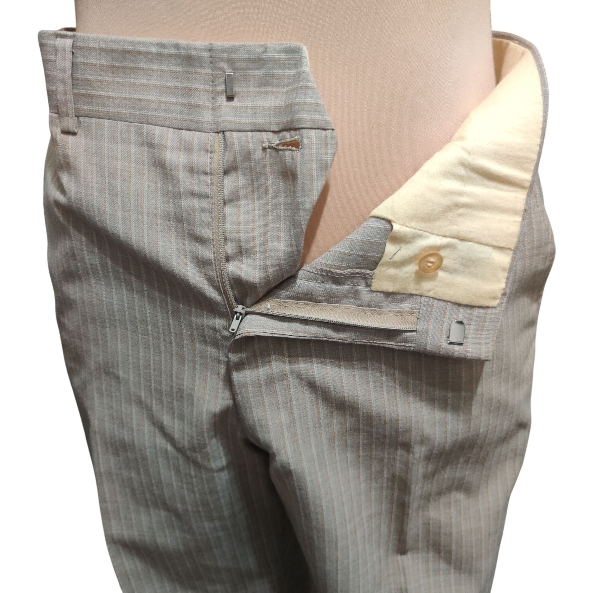 Vintage Handmade 14 Beige Pinstripe Straight Leg Classic Fit Trouser Size 36" / US 14 / IT 50 - 5 Thumbnail