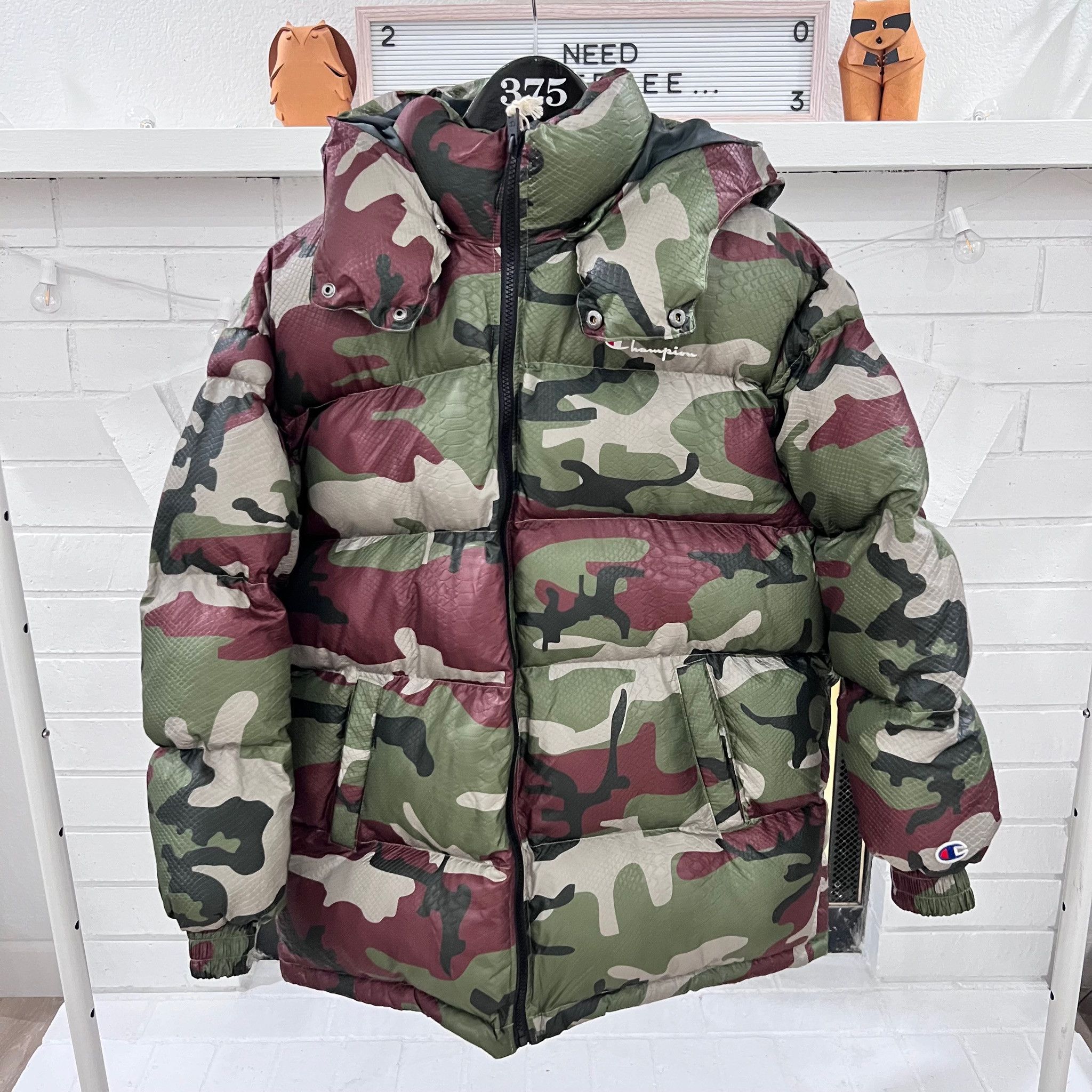 image of Champion Reverse Thick Puffer Hooded Embossed Camo Jacket in Camouflage, Men's (Size XS)