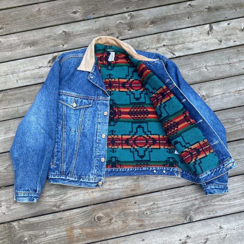 Giordano × Vintage Vintage 1980s Blanket Lined Giordano Aztec Denim Jacket Lar Size US L / EU 52-54 / 3 - 2 Thumbnail