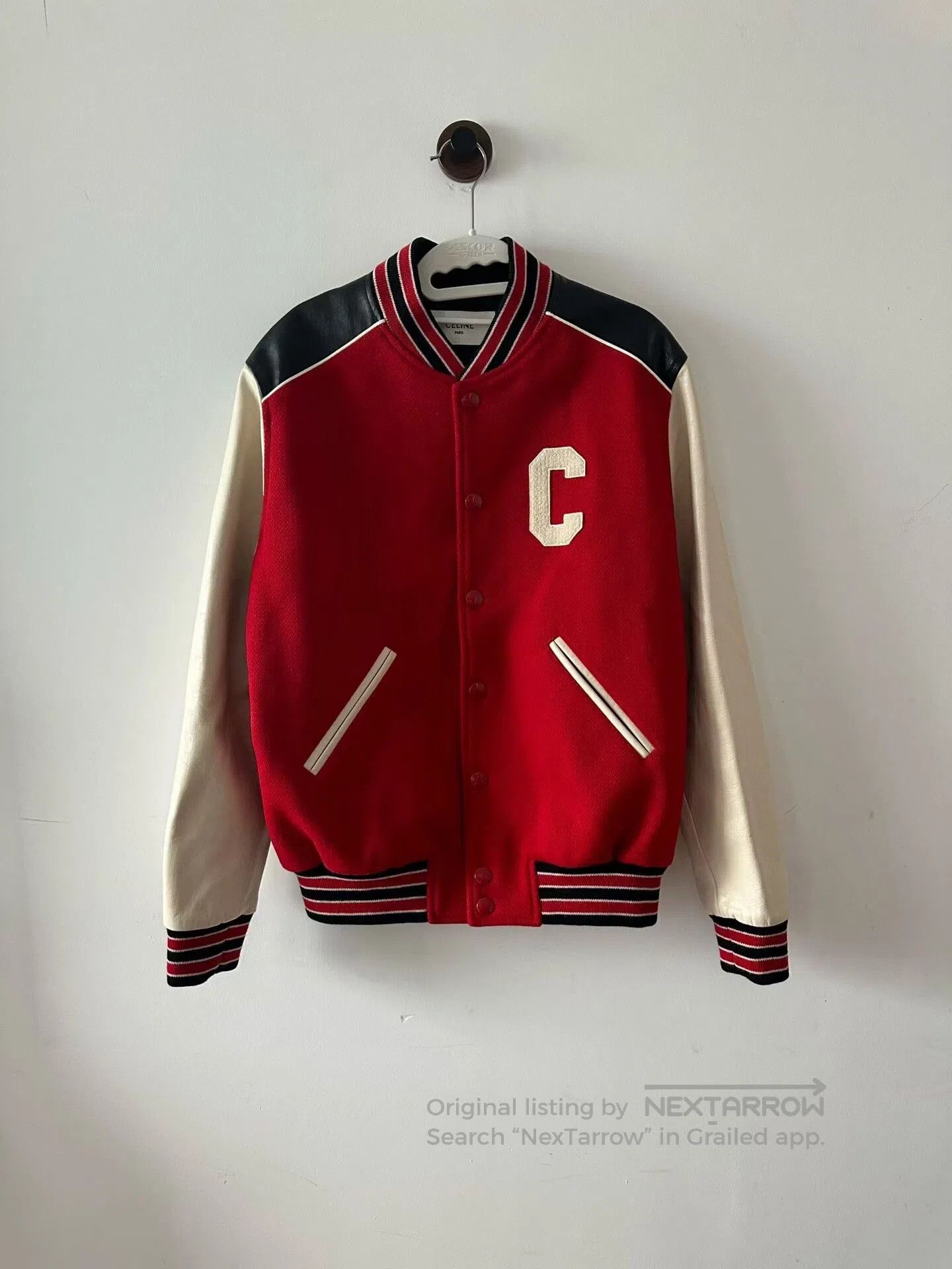 Celine CELINE Red and White Leather Patchwork Varsity Jacket| Size L / US 10 / IT 46 - 1 Thumbnail