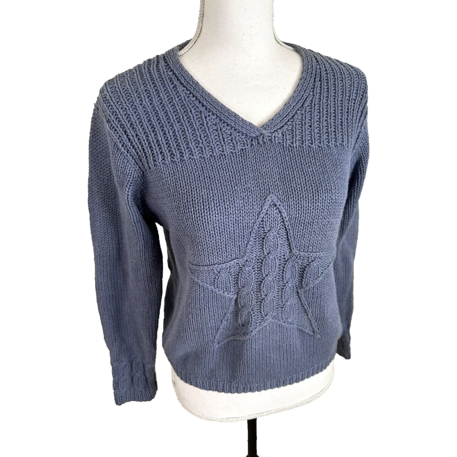 Vintage VINTAGE 90s Hand knit Blue Cotton Boxy Fit Crop Sweater Stars/Strips S Small Women Pullover V-Neck Long Sleeve Knit Size S / US 4 / IT 40 - 2 Thumbnail