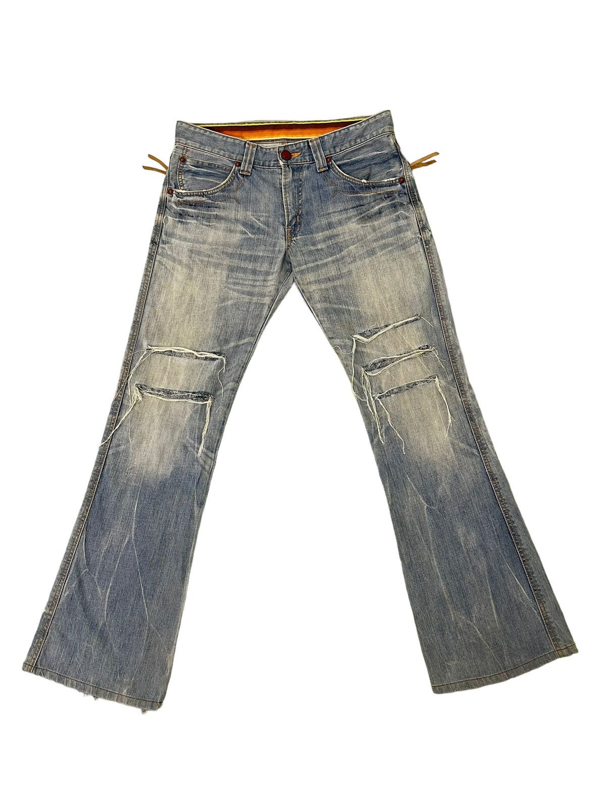 Japanese Brand Flare Jeans Edwin Japan Distress Faded Boot Cut 7🟦5 Size US 35 - 2 Thumbnail