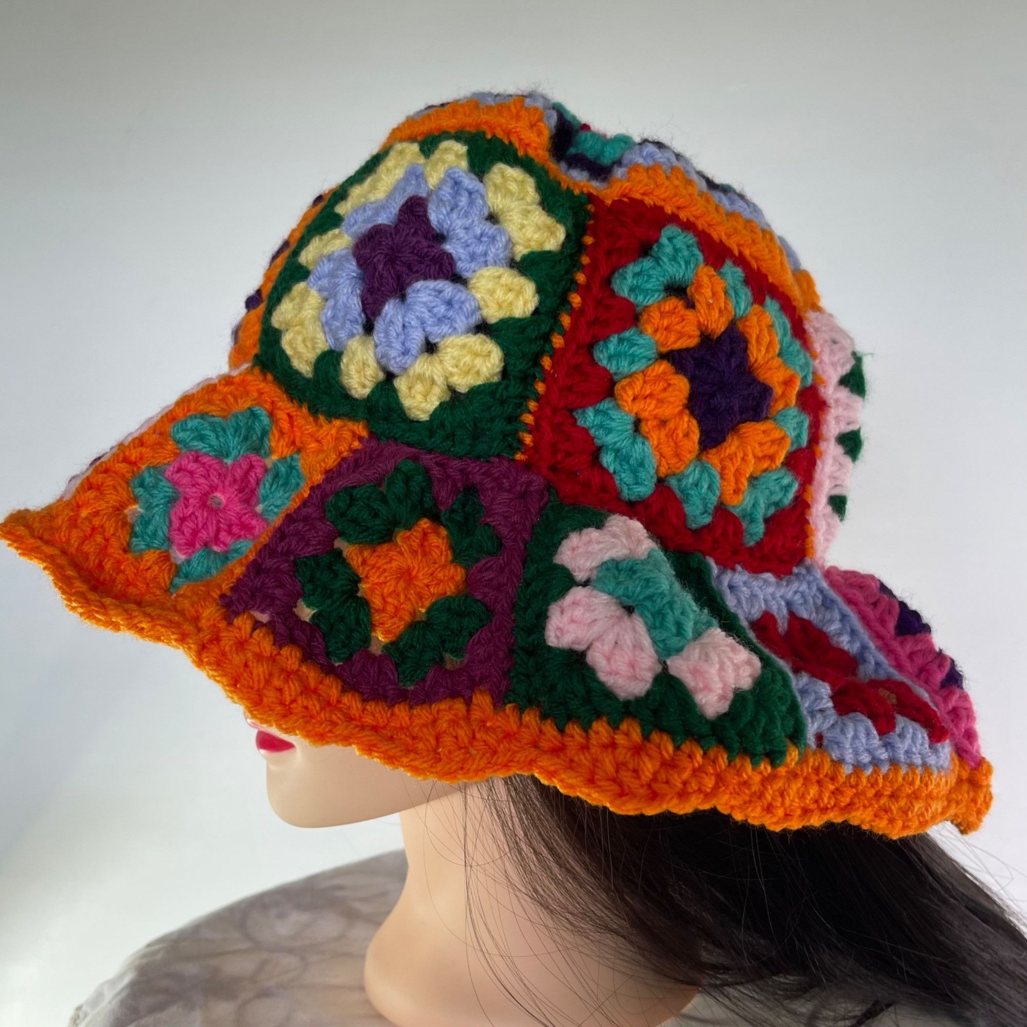 Handmade Crochet Bucket Hat Granny Square Pattern Multicolored Adult Size ONE SIZE - 3 Thumbnail