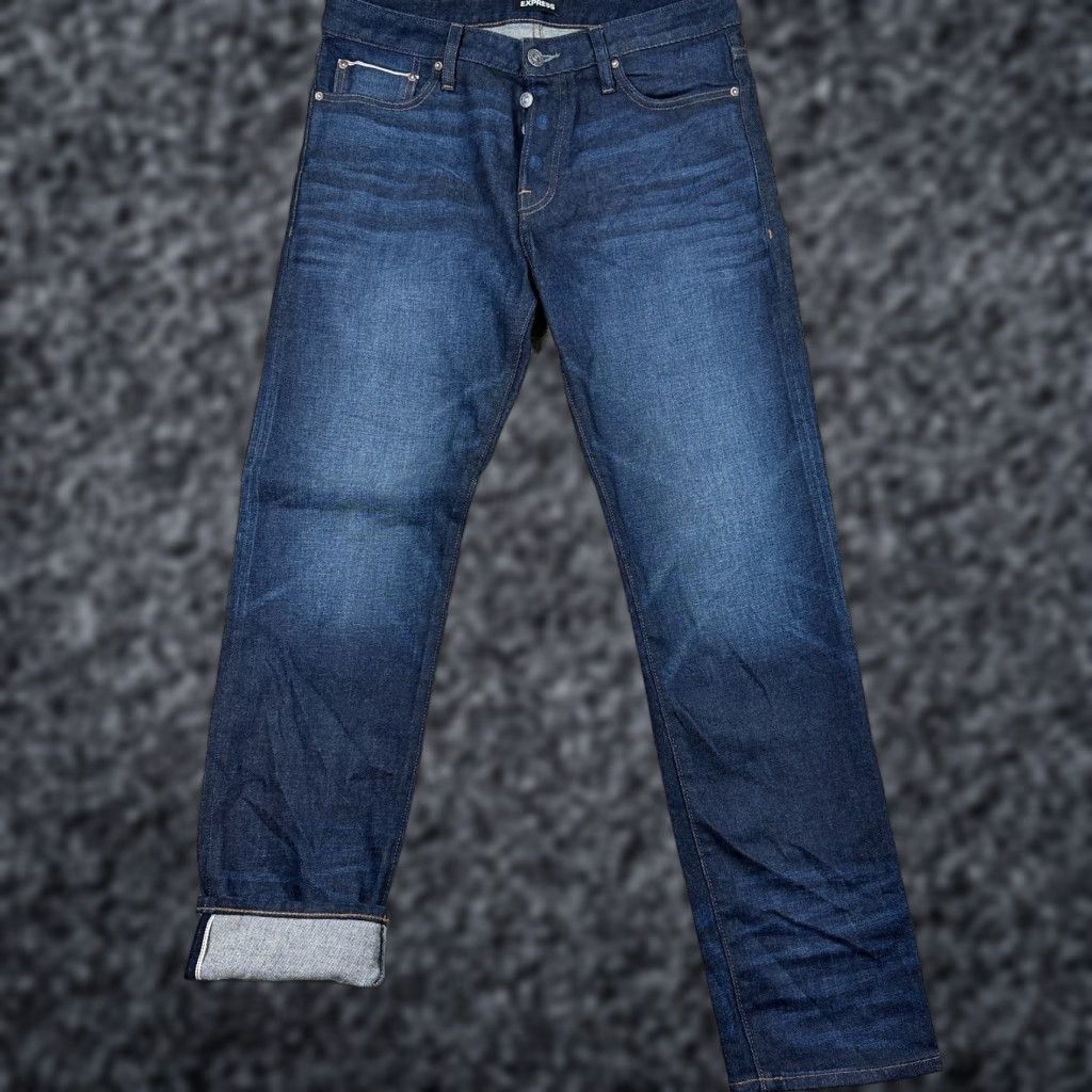 Express Selvedge Jeans Mens 33x30 Dark Indigo Slim Button Fly Denim Whiskered
