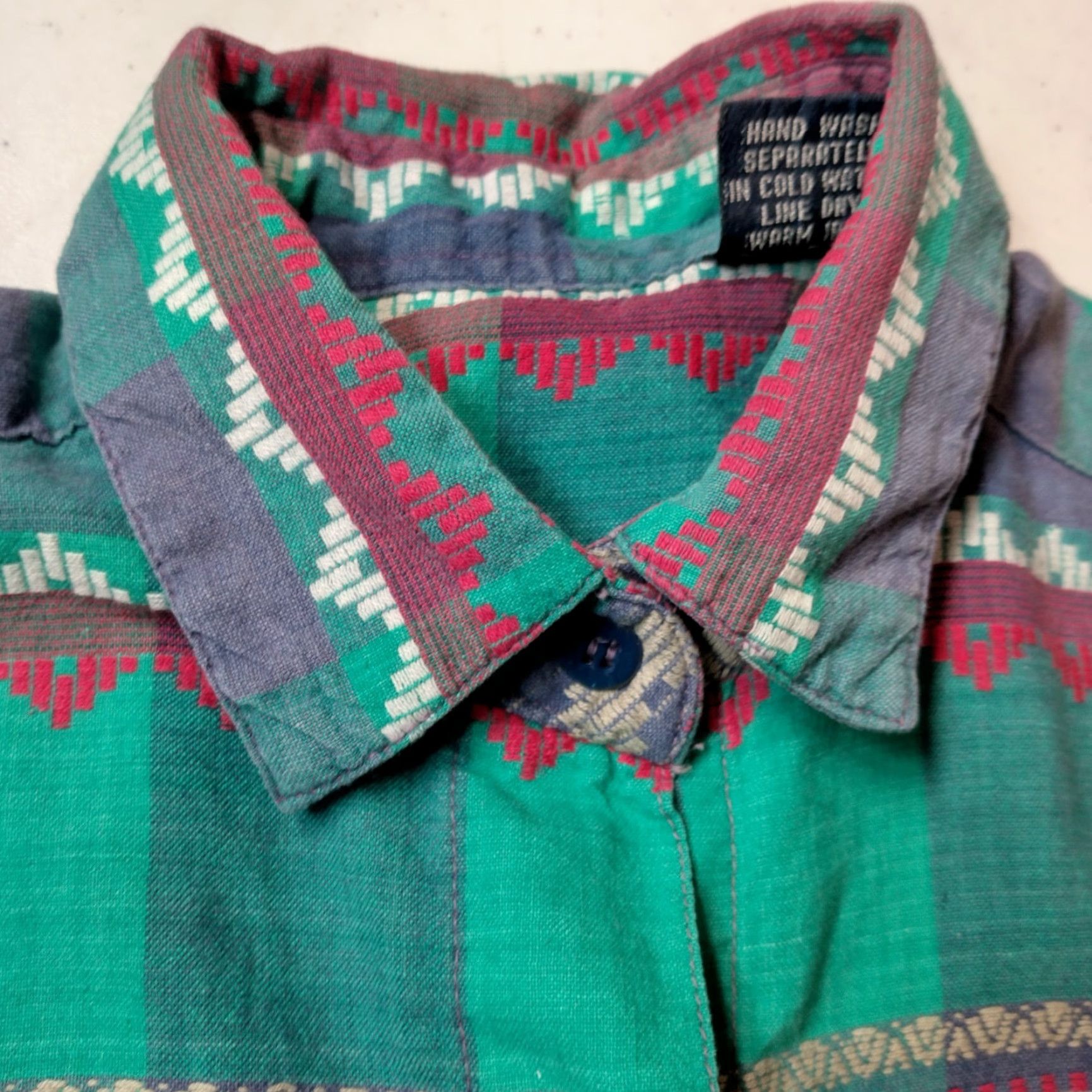 Vintage VINTAGE 1990s Southwest Blouse Shirt Women S Blue Geometric Short Sleeve Button Collar Cotton Hand Washable Size S / US 4 / IT 40 - 6 Thumbnail