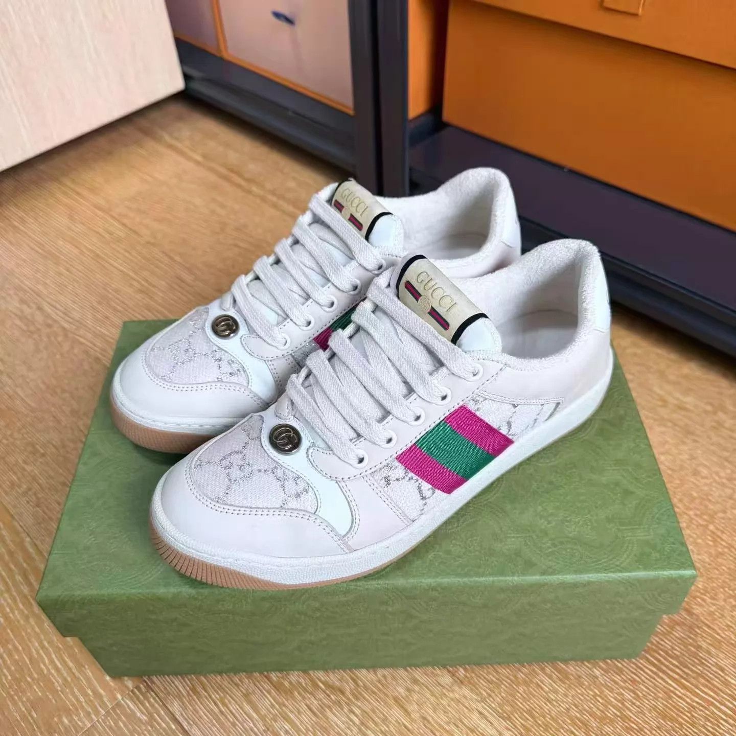 Gucci Gucci Dirty Sneaker Beige/White/Pink/Green GG Enamel 37.5 Size US 7 / IT 37 - 1 Thumbnail