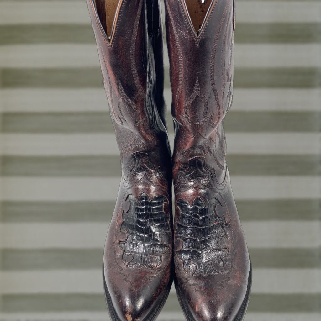 Vintage VINTAGE Lucchese Caiman Inlay Boots Men Size 9 EE Wide Black Cherry Leather N1508J4 VTG Size US 9 / EU 42 - 1 Thumbnail