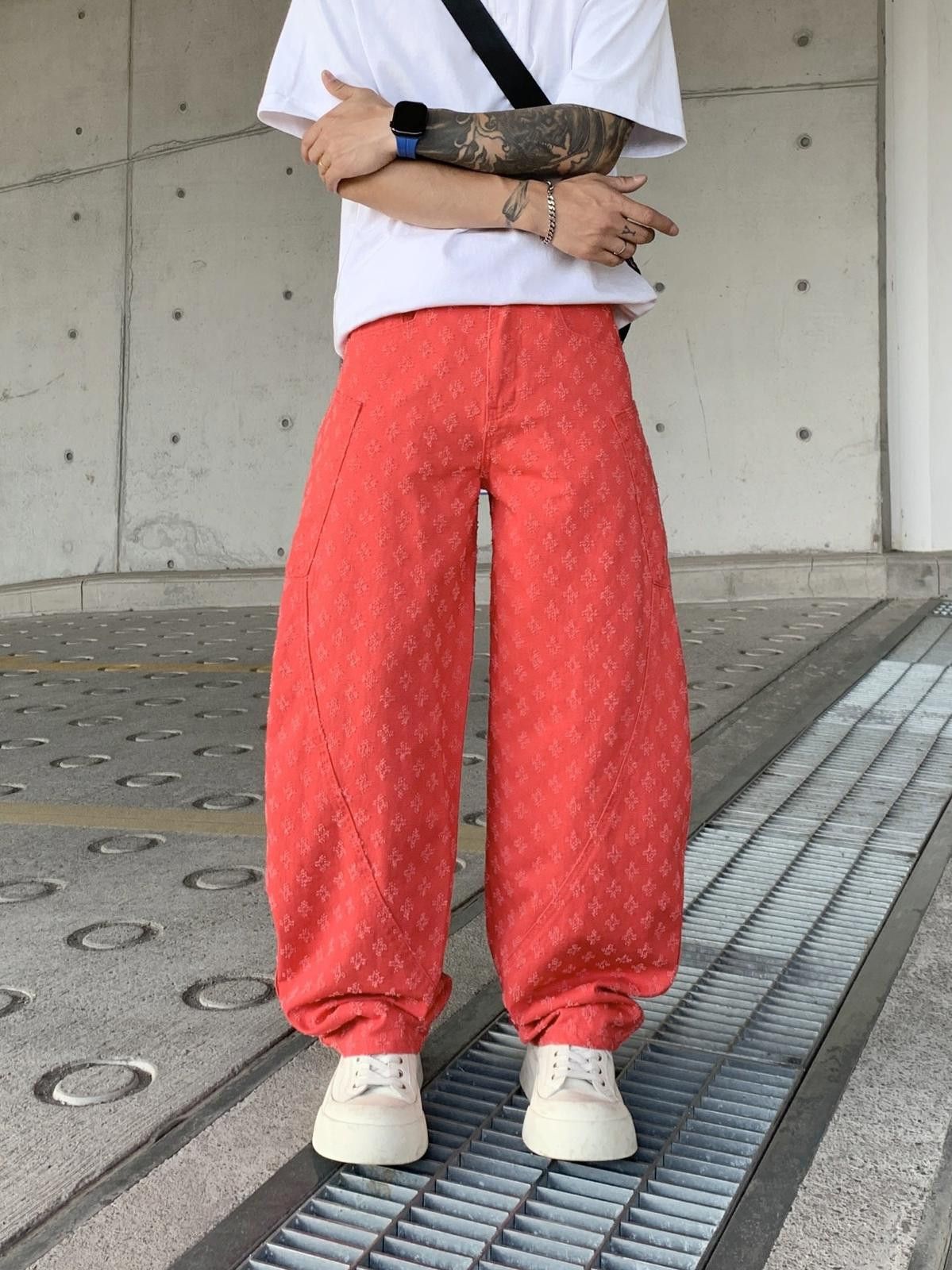 Red All Over Monogram Embroidery Baggy Jeans