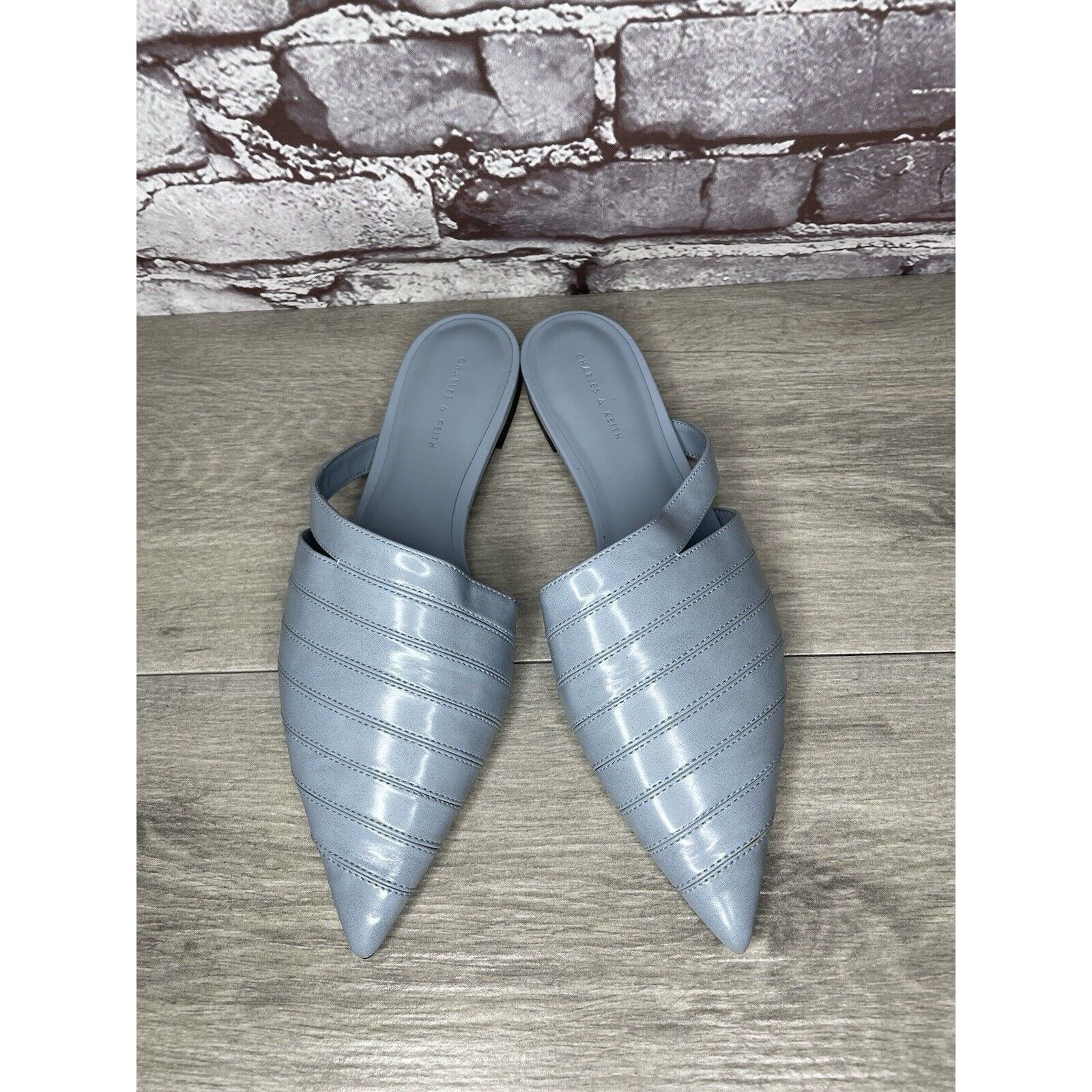Other Charles Keith Blue Leather Pointed Toe Flats Mules Shoes Wom Size US 7.5 / IT 37.5 - 1 Thumbnail