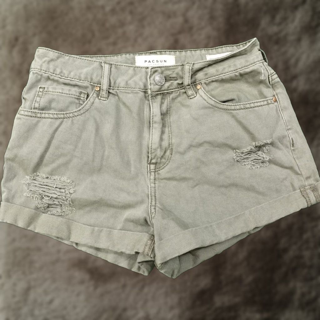 Pacsun VINTAGE PacSun High Rise Shorts Womens 25 Green Denim Raw Hem Casual Summer Distressed Size 42" / US 20 - 1 Thumbnail