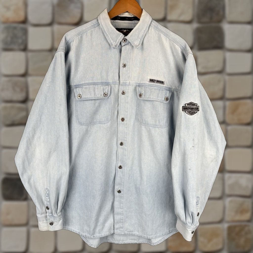 Harley Davidson VINTAGE Harley-Davidson Denim Shirt Mens L Blue 90s Patch Embroidered Button-Up Size US L / EU 52-54 / 3 - 1 Thumbnail