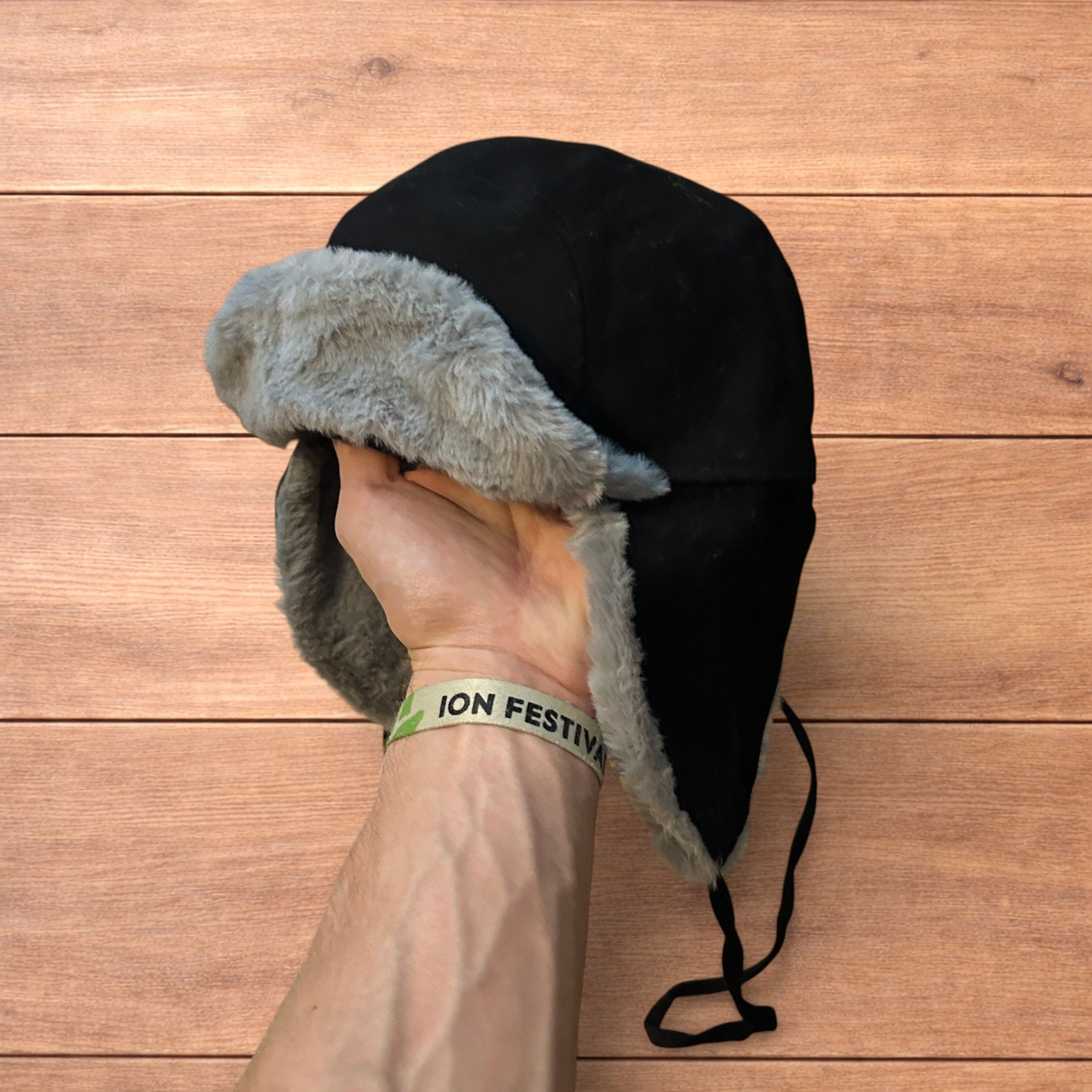 Japanese Brand Russian trapper ear flap hat in black/grey colour way. Size ONE SIZE - 3 Thumbnail