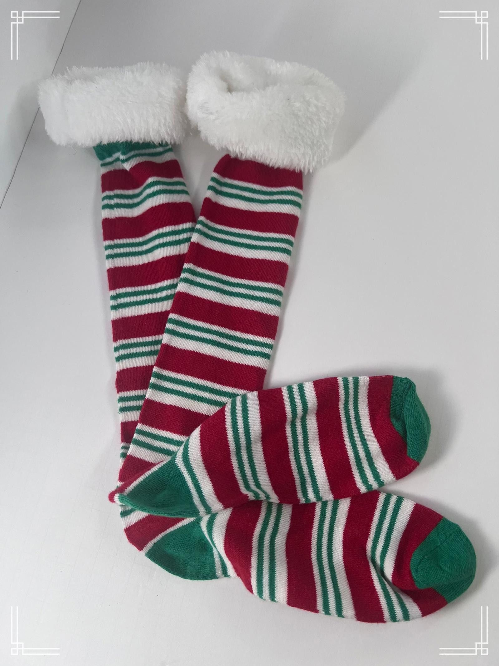 Designer Christmas Striped Fuzzy Socks with Red, Green, and White Size ONE SIZE - 4 Thumbnail