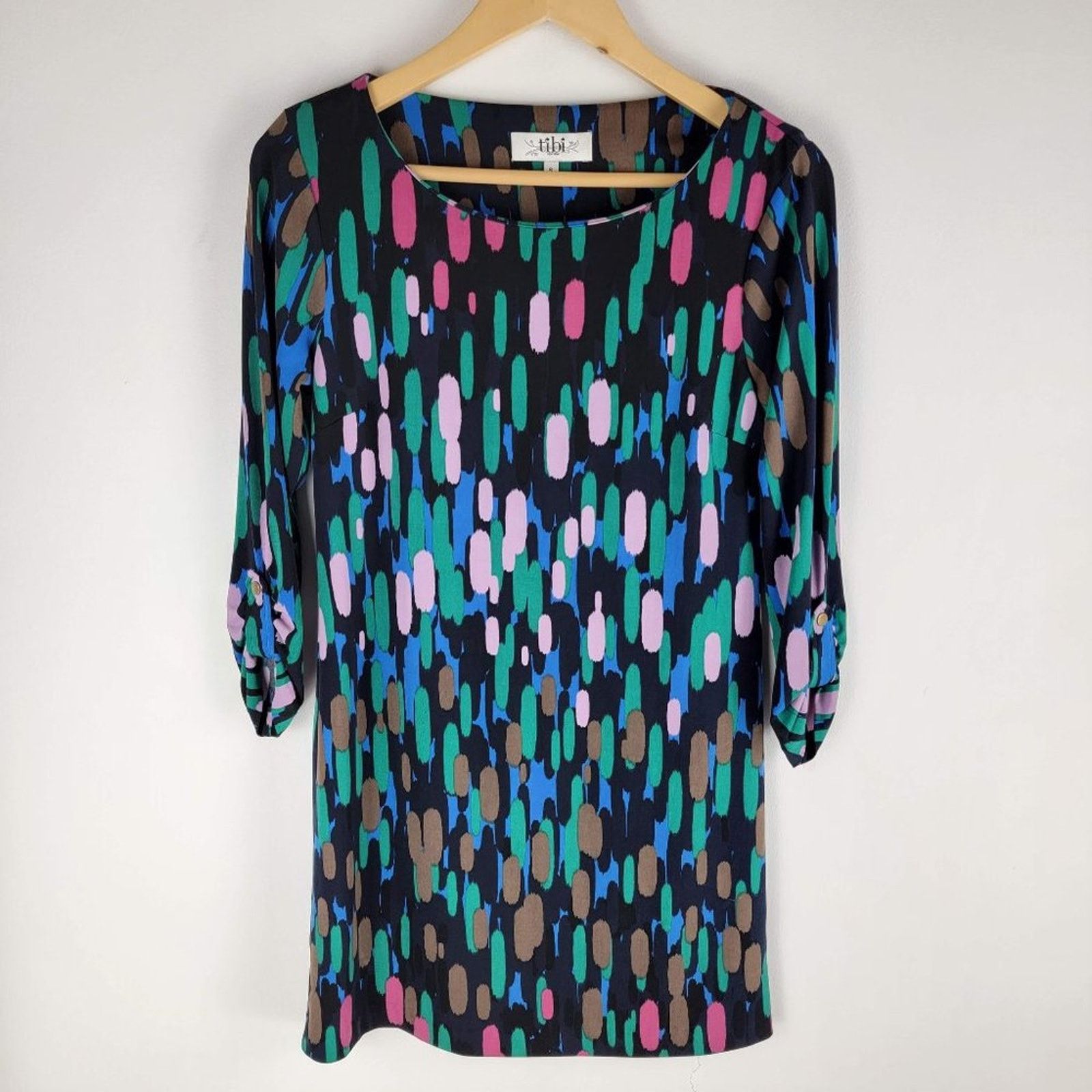 Tibi Tibi Abstract Printed Mini Dress Roll Tab Sleeves Crew Neck Size S / US 4 / IT 40 - 2 Thumbnail