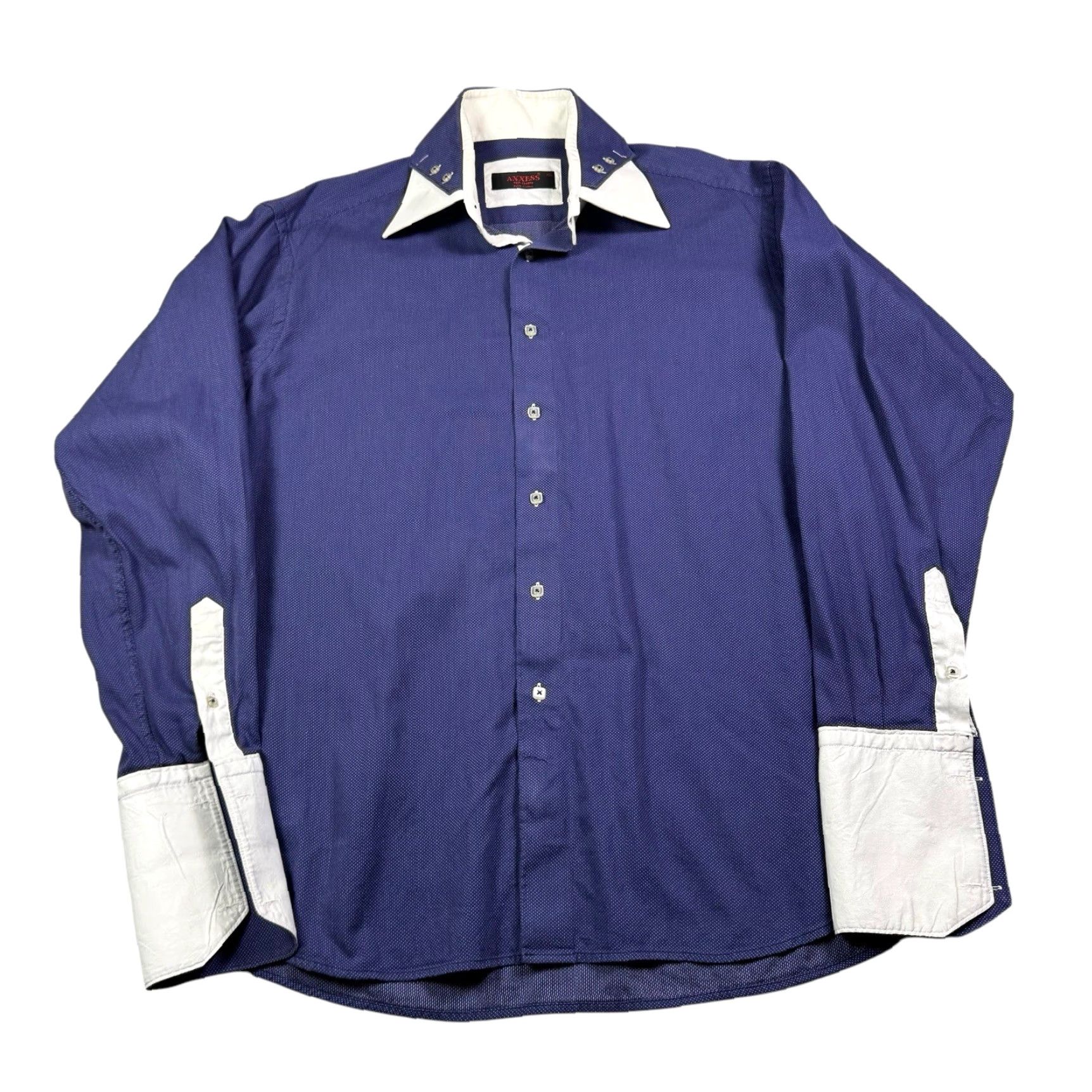Vintage Axxess Shirt Mens XL Dress Shirt French Cuff Contrast Collar Formal 100% Cotton Shirt Men XL Blue Embroidered Collared Button-Down Top Cuff Size 46R - 3 Thumbnail