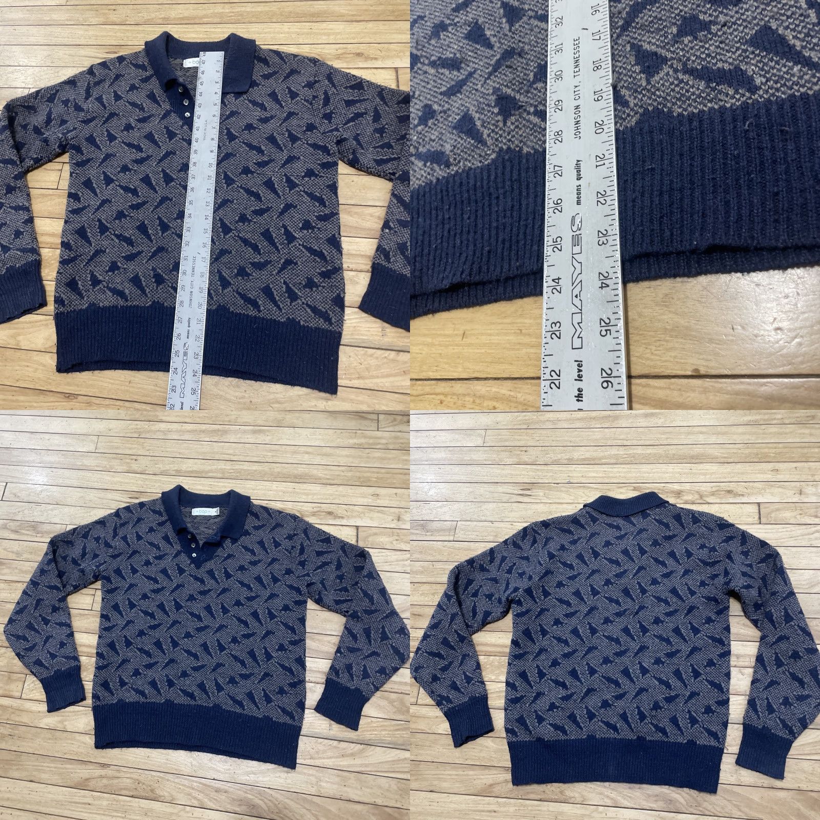 Vintage VINTAGE BOP Mens Sweater Geometric Wool Rugby Retro Pullover, M, Gray/Blue, Geometric, Wool, Vintage, Grunge, Classic Fit, Winter, Wool, Knit's? Size US M / EU 48-50 / 2 - 8 Thumbnail