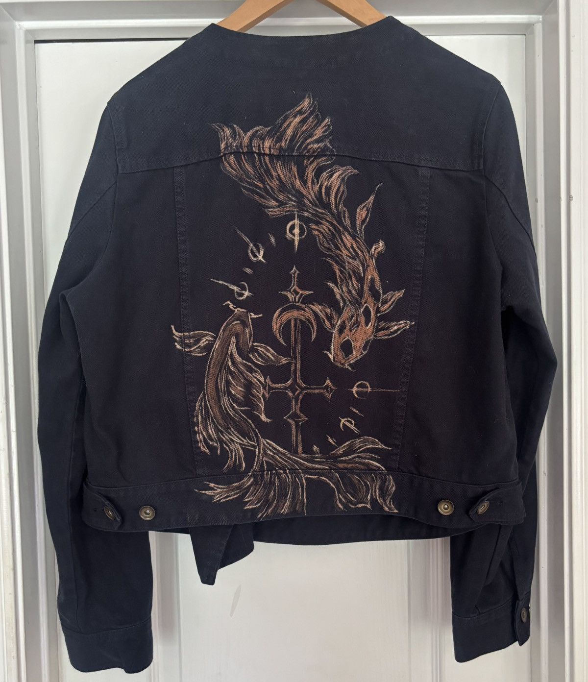 Handmade × JCPenney “Koi” Hand-Bleach-Painted Denim Cropped Jacket Size XL / US 12-14 / IT 48-50 - 2 Thumbnail