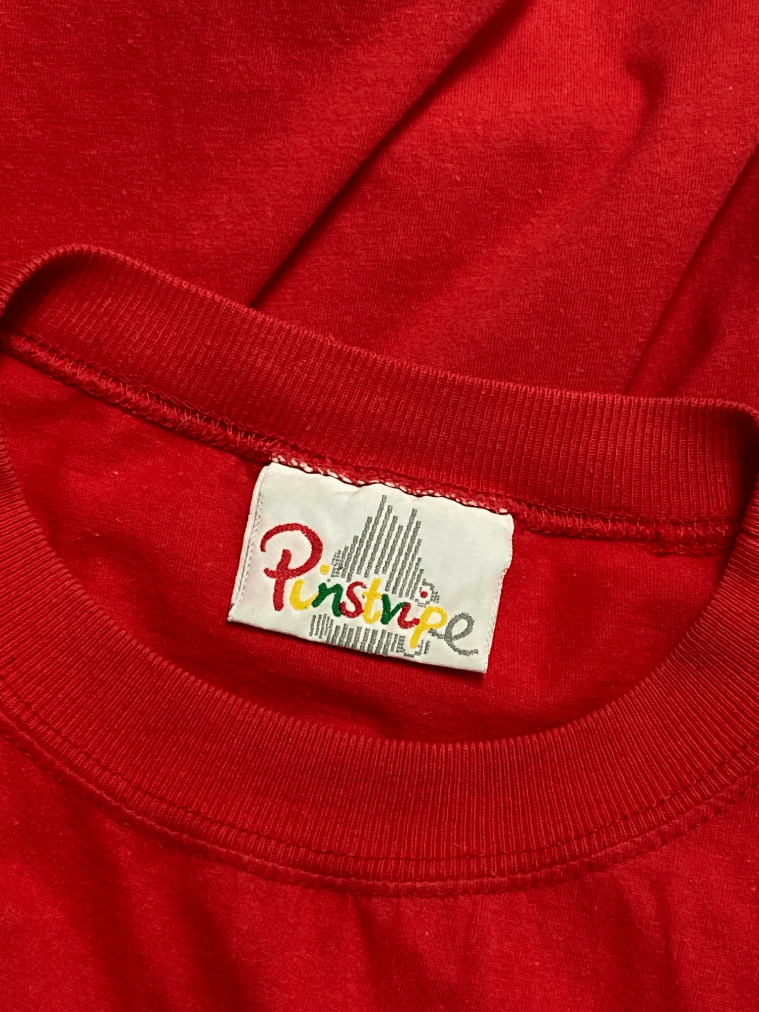 Vintage 90s Vintage PINSTRIPE Red Big Logo T Shirt Single Stitch Size US XL / EU 56 / 4 - 5 Thumbnail