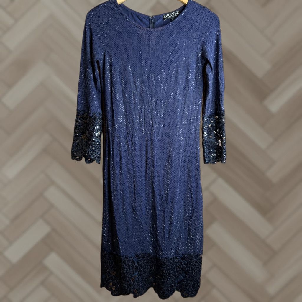 Vintage GRAYSE Gray S Sequin Blue Stretchy Evening Dress USA Dress Size S / US 4 / IT 40 - 1 Thumbnail