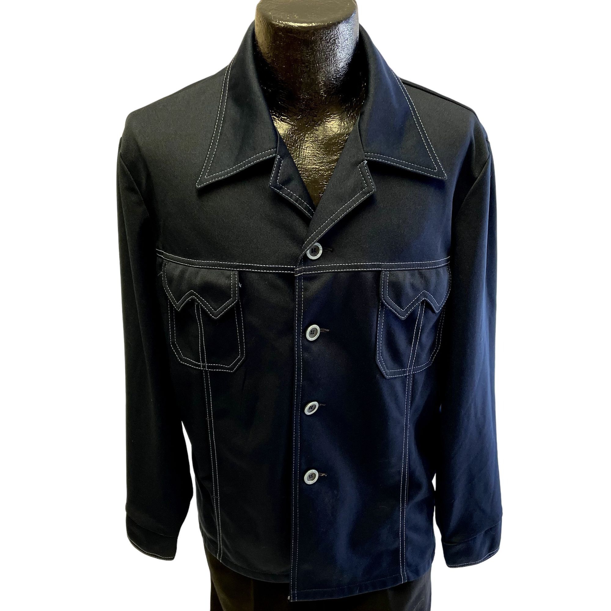 image of Unkwn 70's Navy Blue Mod Whipstitch Leisure Mates Leisure Shirt, Men's (Size XL)