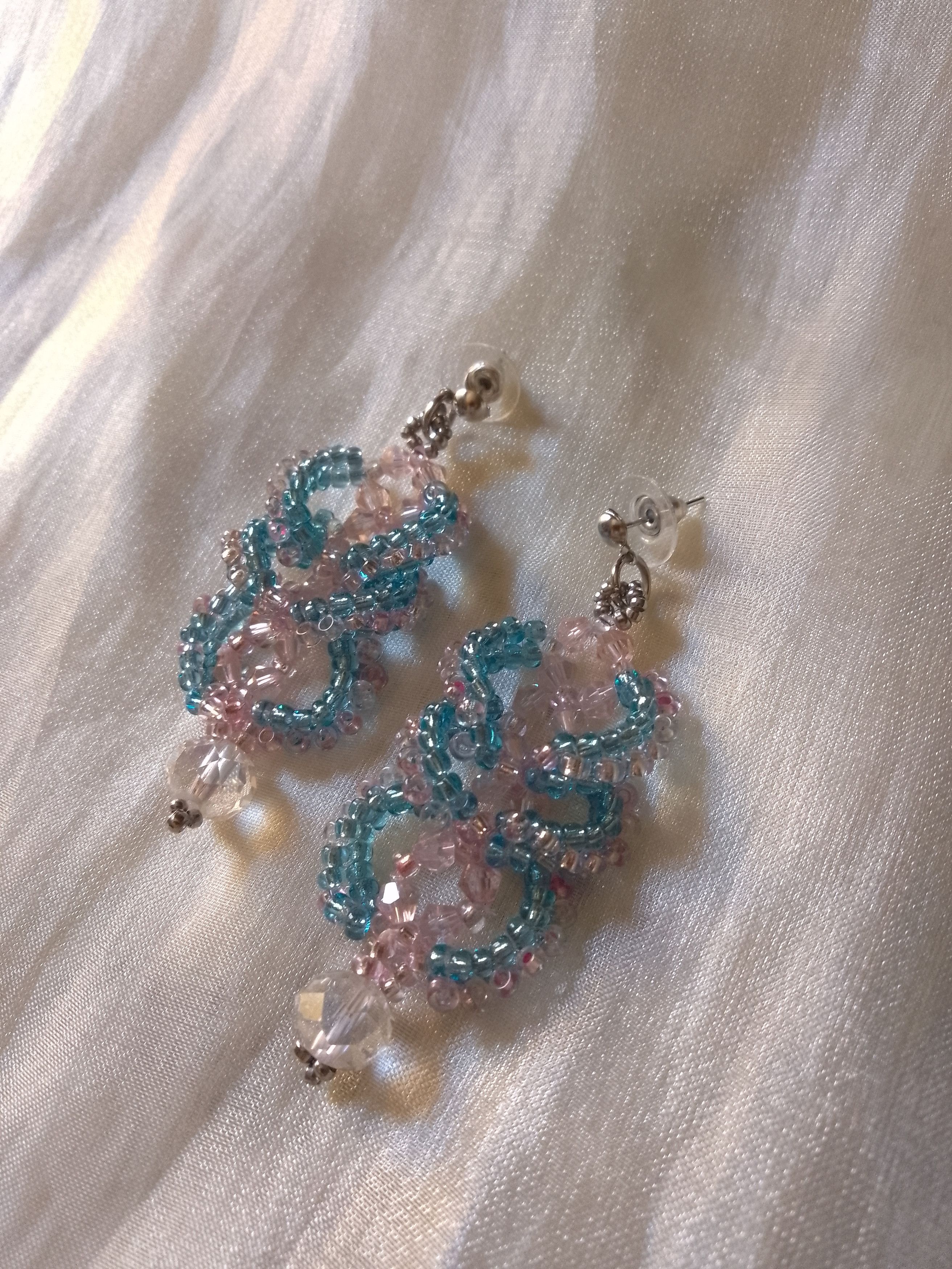 Handmade Earrings Braided Pink Crystal Beaded Elegant Size ONE SIZE - 1 Thumbnail