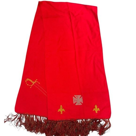 Other Vintage Red Rectangular Fringed Scarf with Embroidered Medie Size ONE SIZE - 2 Thumbnail