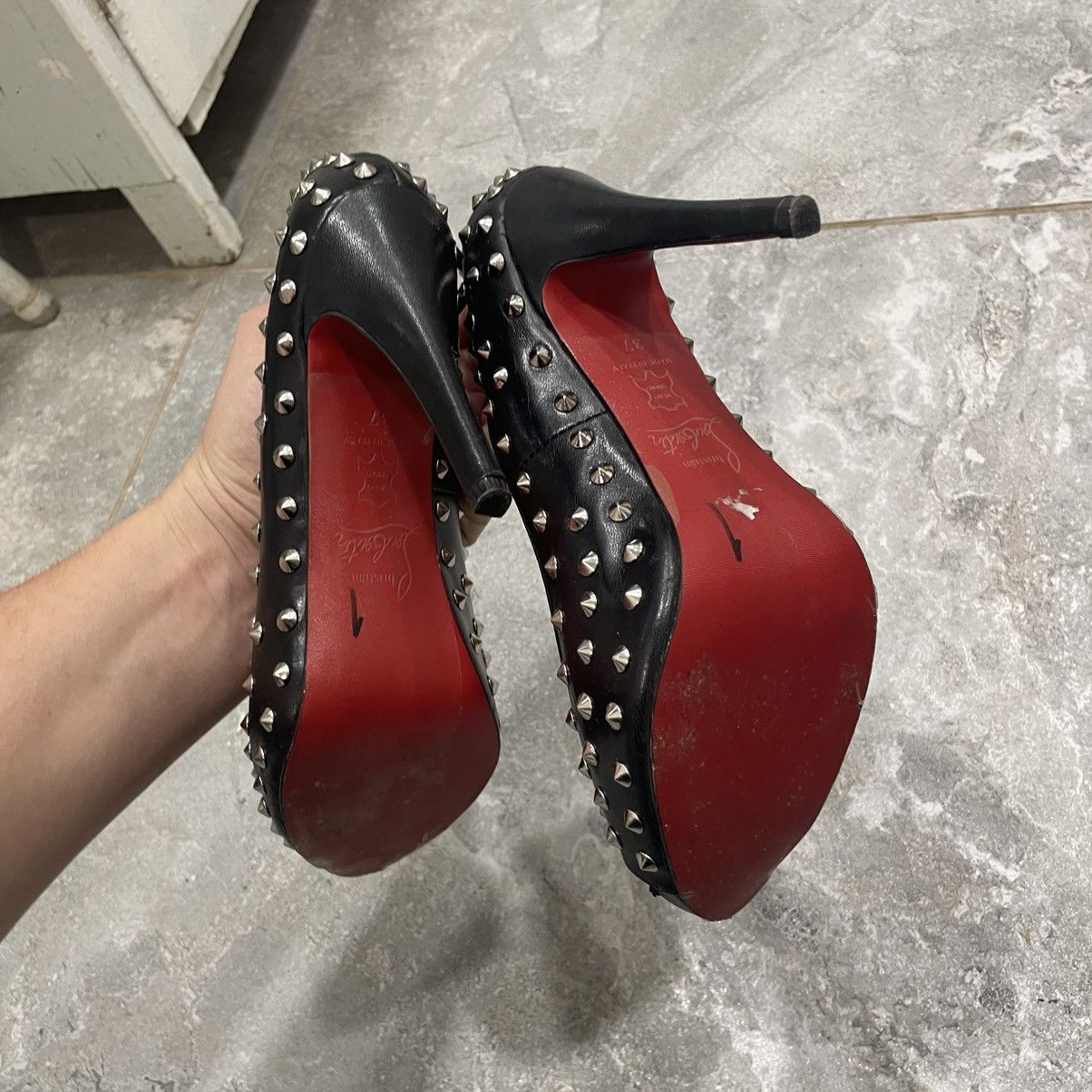 Christian Louboutin × If Six Was Nine Christian Louboutin Spike Heels Bianca Black Leather Platfor Size US 7 / IT 37 - 2 Thumbnail