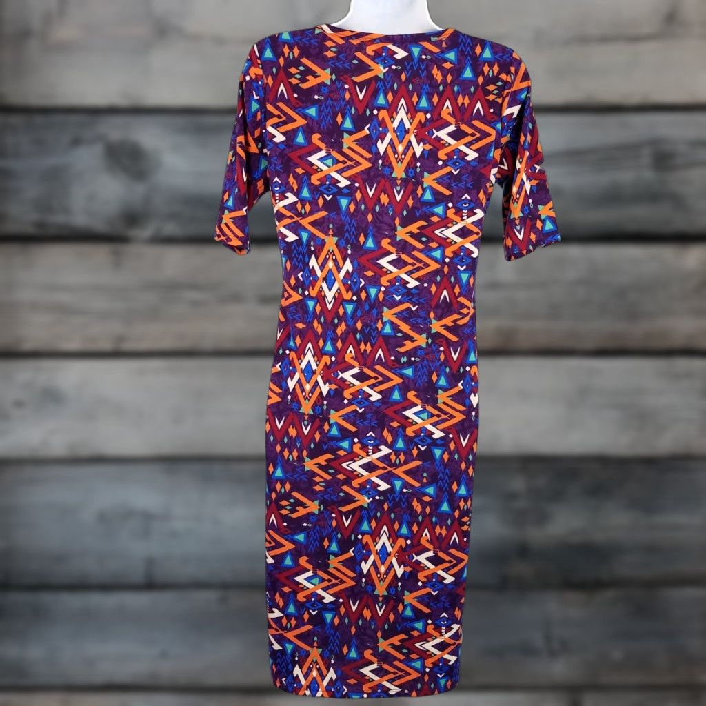 Vintage LuLaRoe Womens Julia Dress Sz S Purple Orange Geometric Short Sleeve Crew Neck Pullover Knee Length Casual Sheath Size 28" / US 6 / IT 42 - 1 Thumbnail